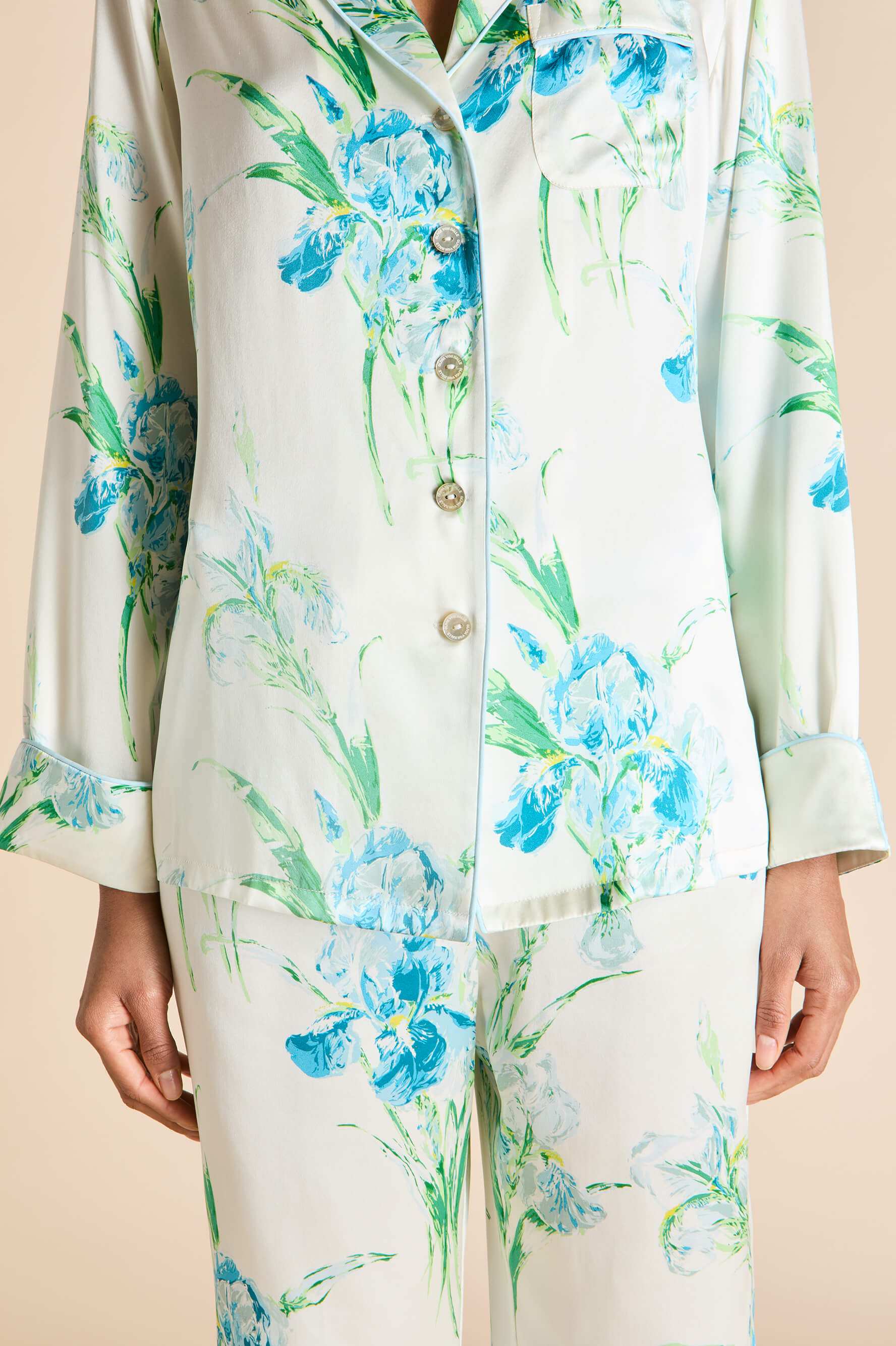 Lila Asterias Ivory Floral Pajamas in Silk Satin