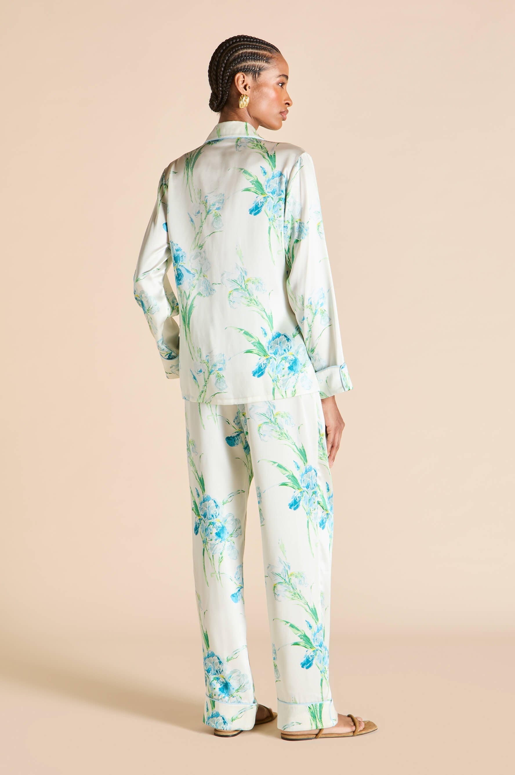 Lila Asterias Ivory Floral Pajamas in Silk Satin