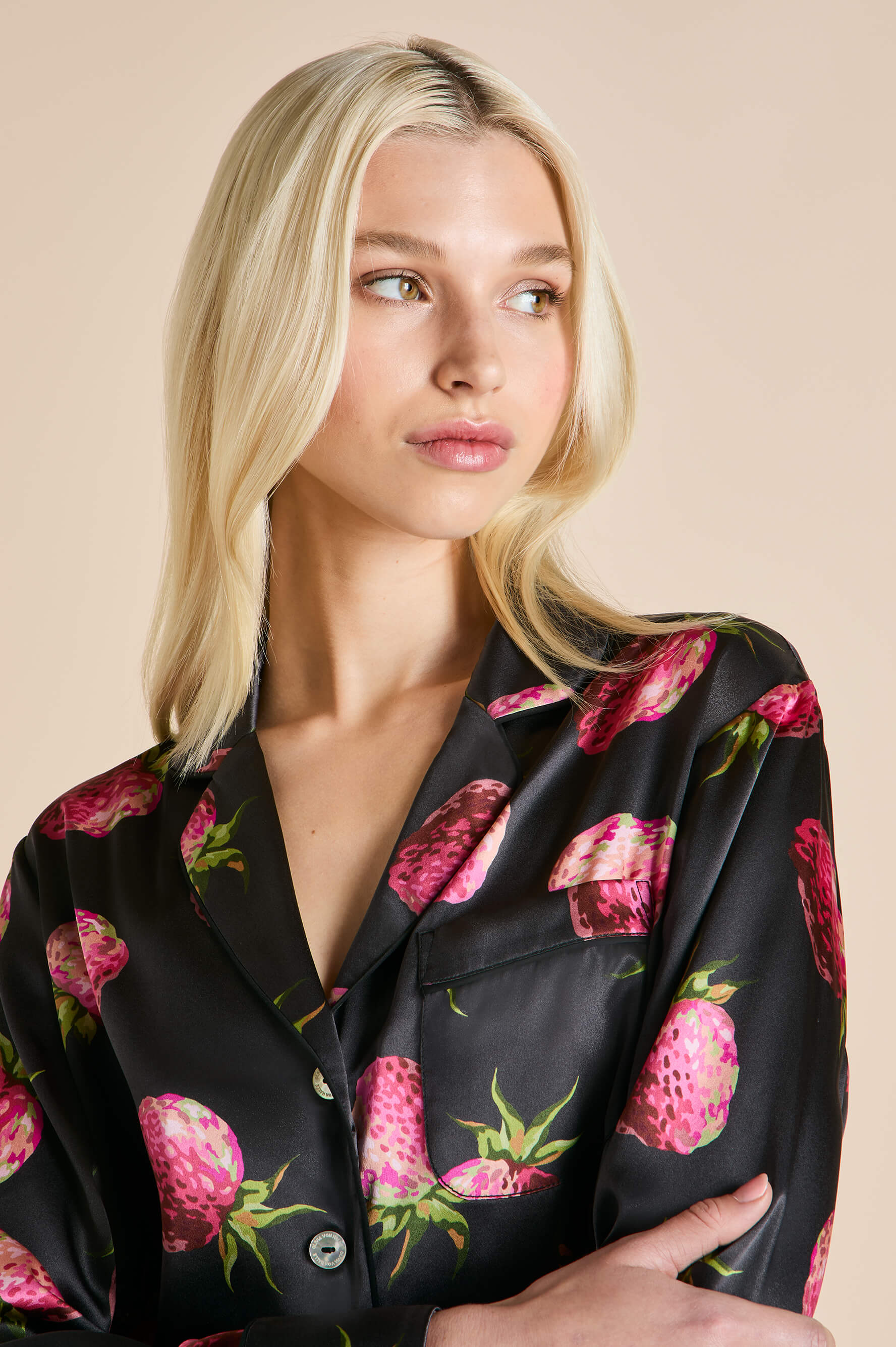 Lila Brigham Black Strawberry Pajamas in Silk Satin