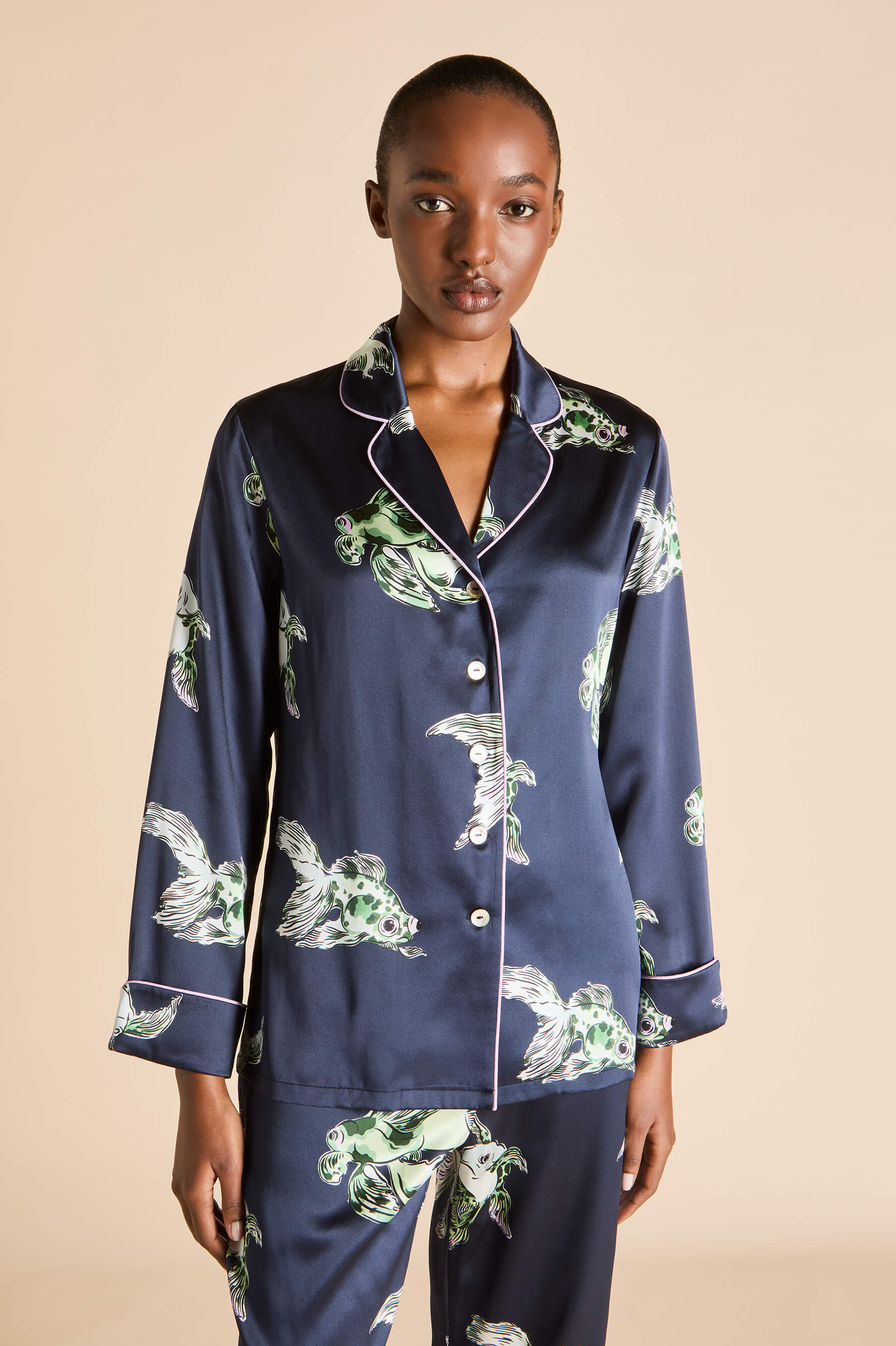Lila Caspian Navy Goldfish Pajamas in Silk Satin