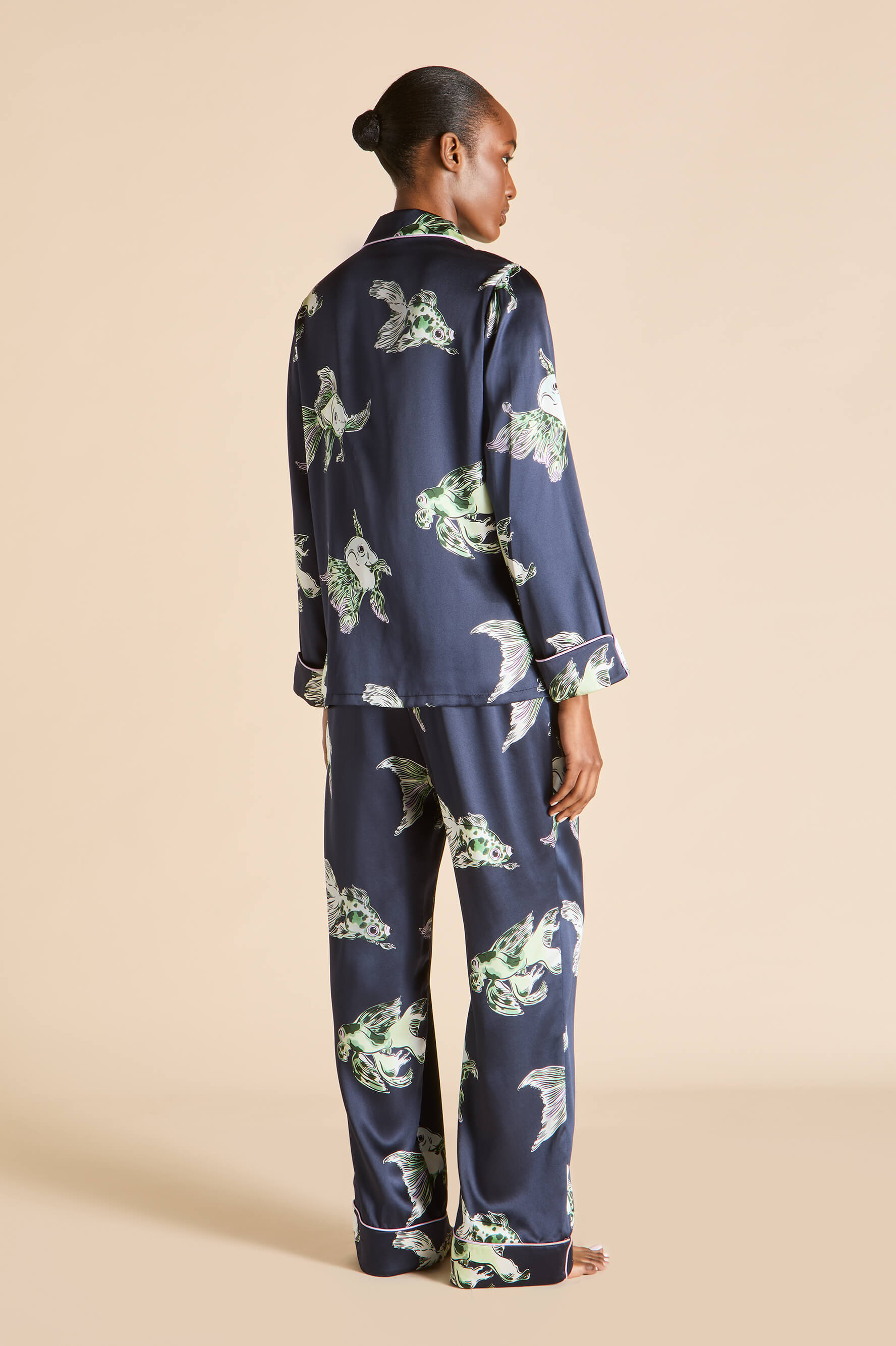Lila Caspian Navy Goldfish Pajamas in Silk Satin