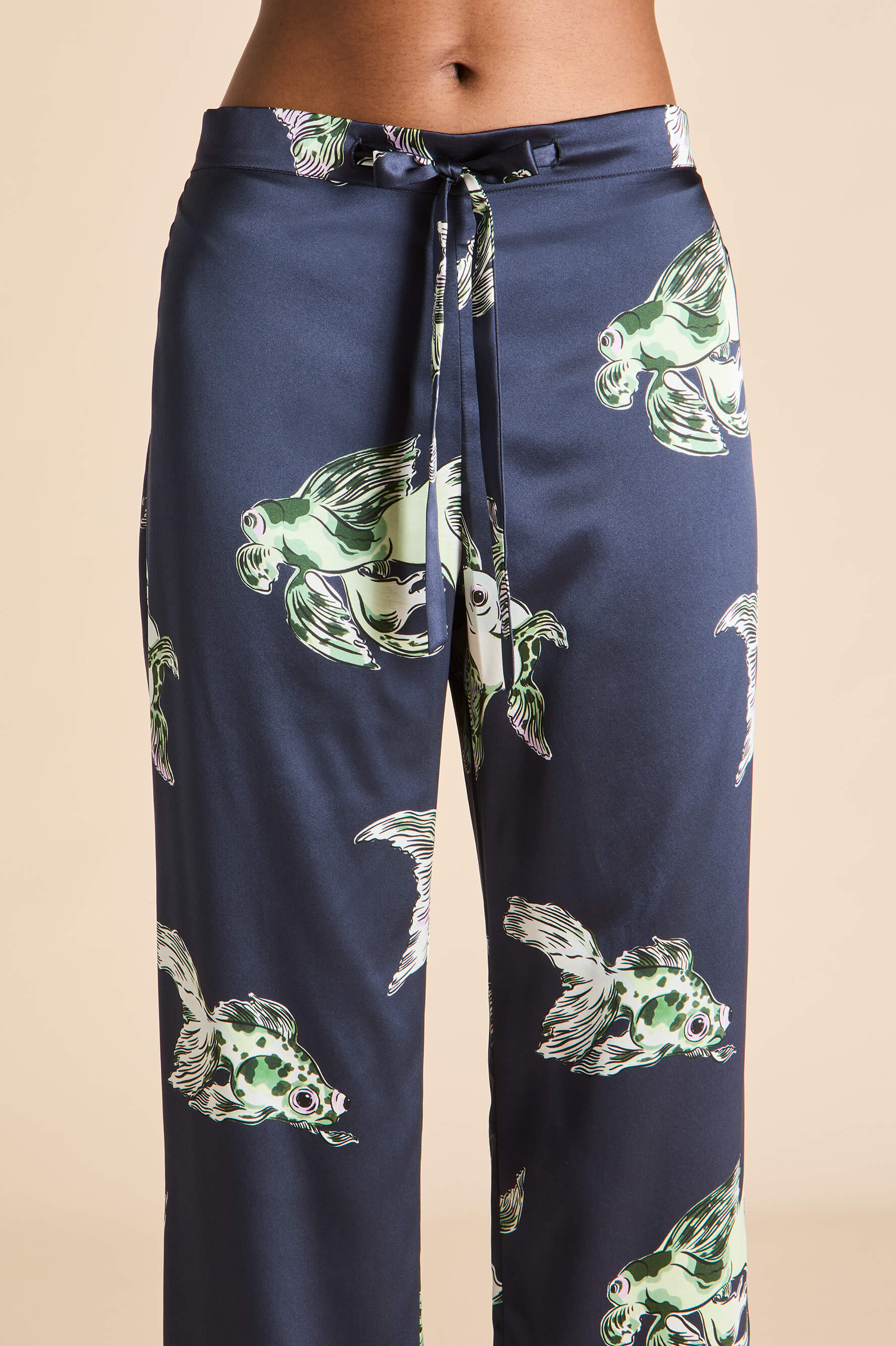 Lila Caspian Navy Goldfish Pajamas in Silk Satin