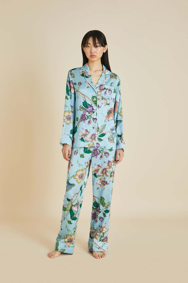 Lila Ceres Blue Floral Pajamas in Silk Satin