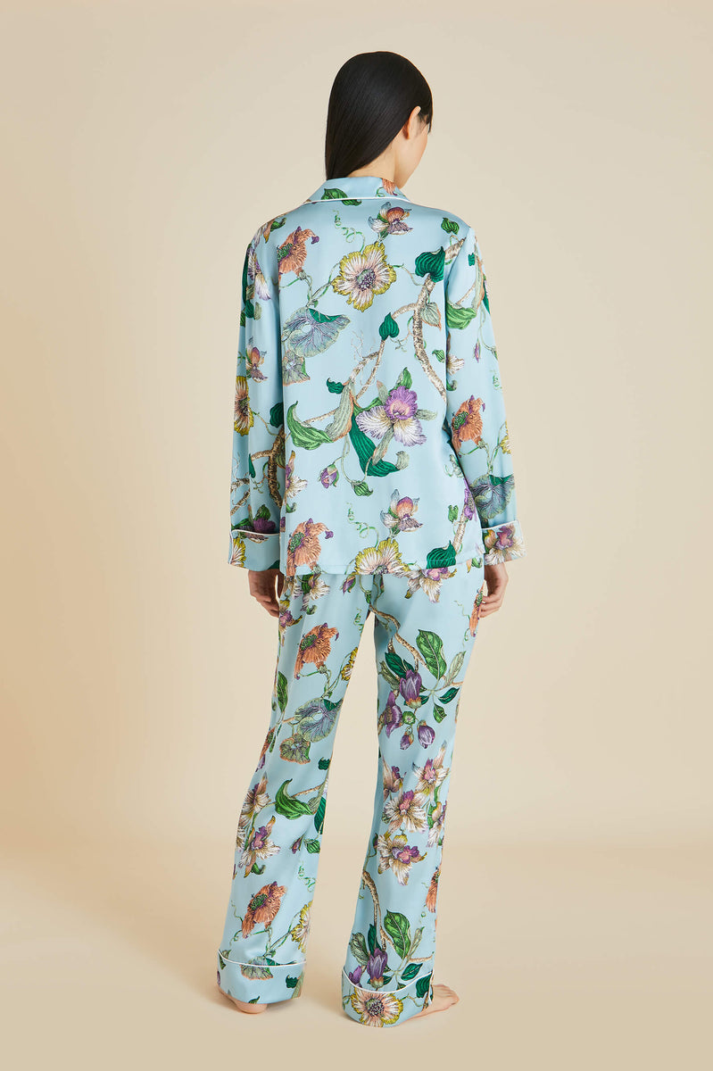 Lila Ceres Blue Floral Pajamas in Silk Satin | Olivia von Halle
