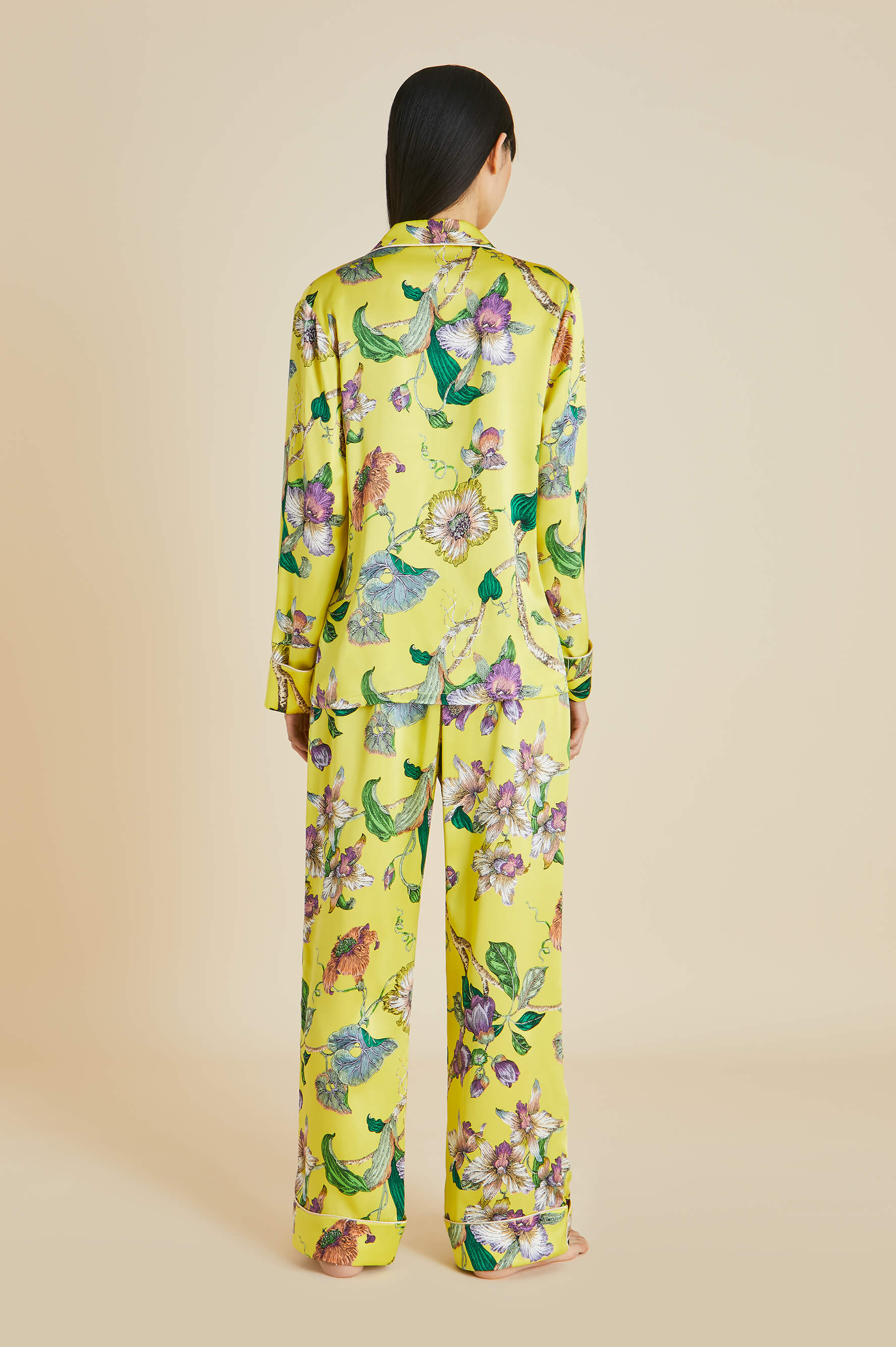 Lila Chakra Yellow Floral Pajamas in Silk Satin