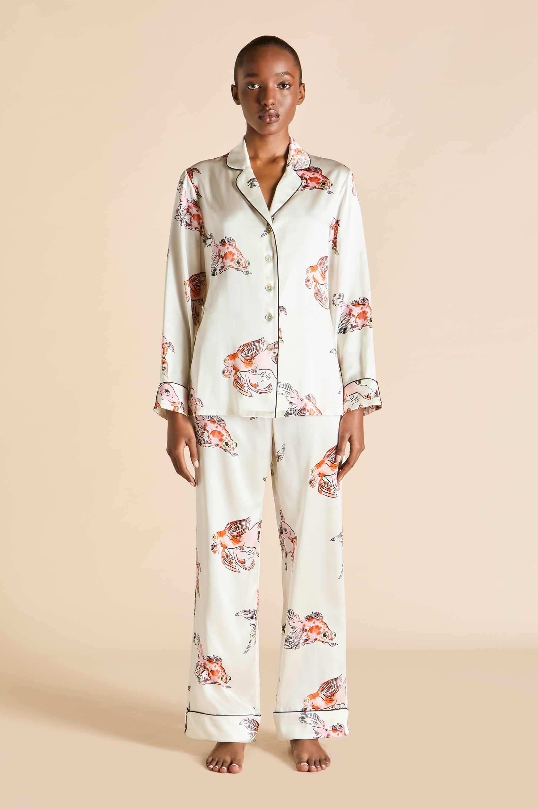 Lila Cora Ivory Goldfish Pajamas in Silk Satin
