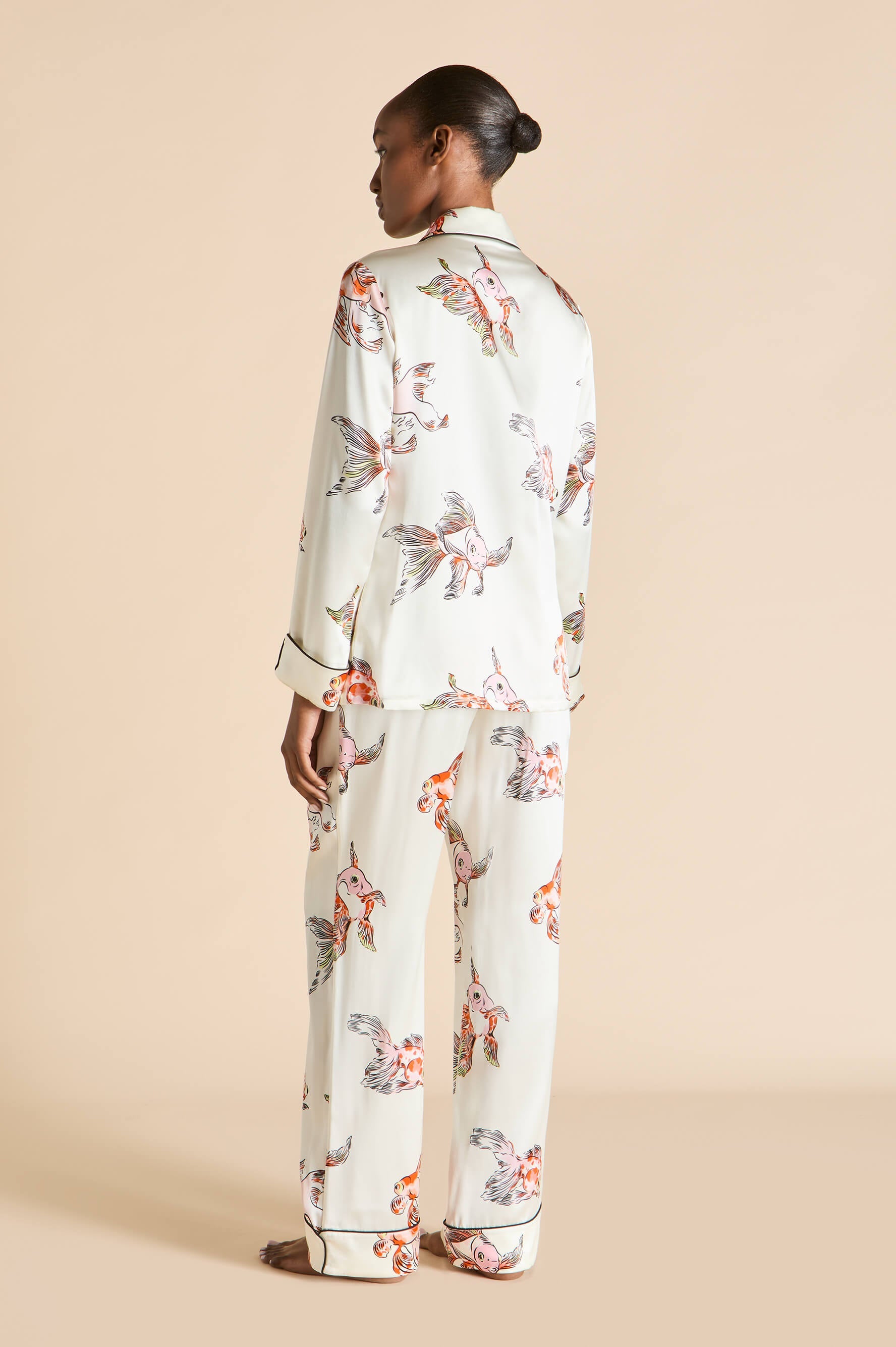 Lila Cora Ivory Goldfish Pajamas in Silk Satin