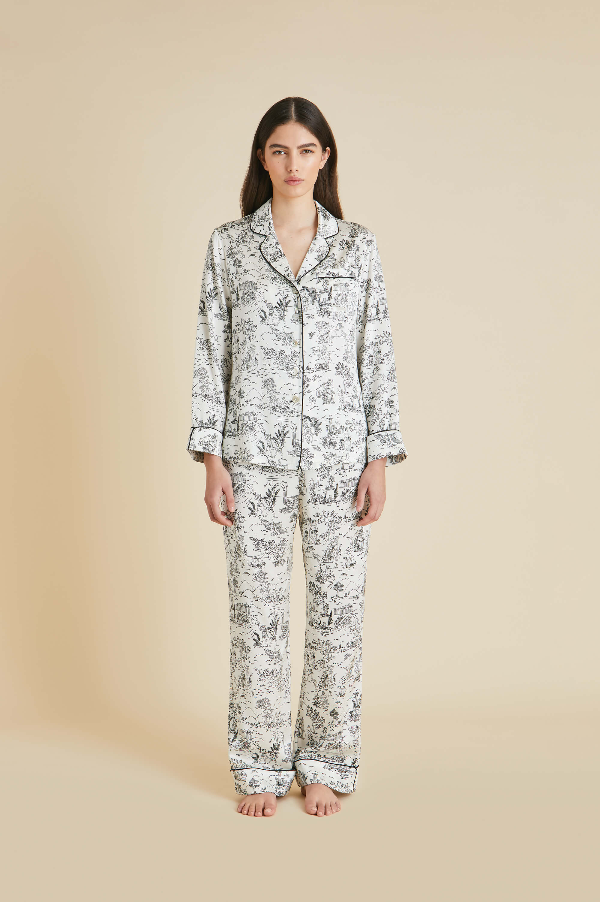 Lila Dioscuri Ivory Toile de Jouy Pajamas in Silk Satin
