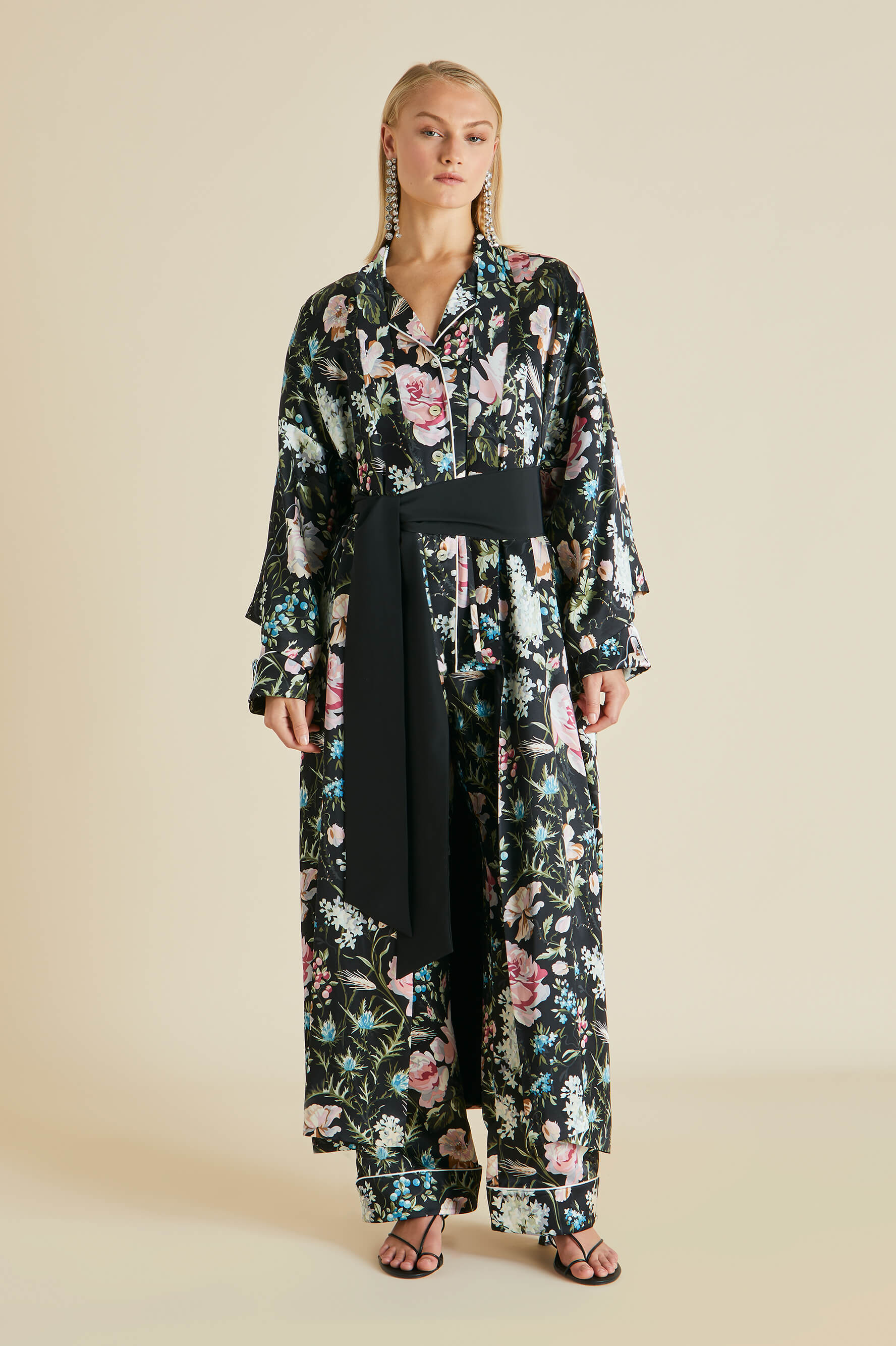 Lila Esme Black Floral Pajamas in Silk Satin