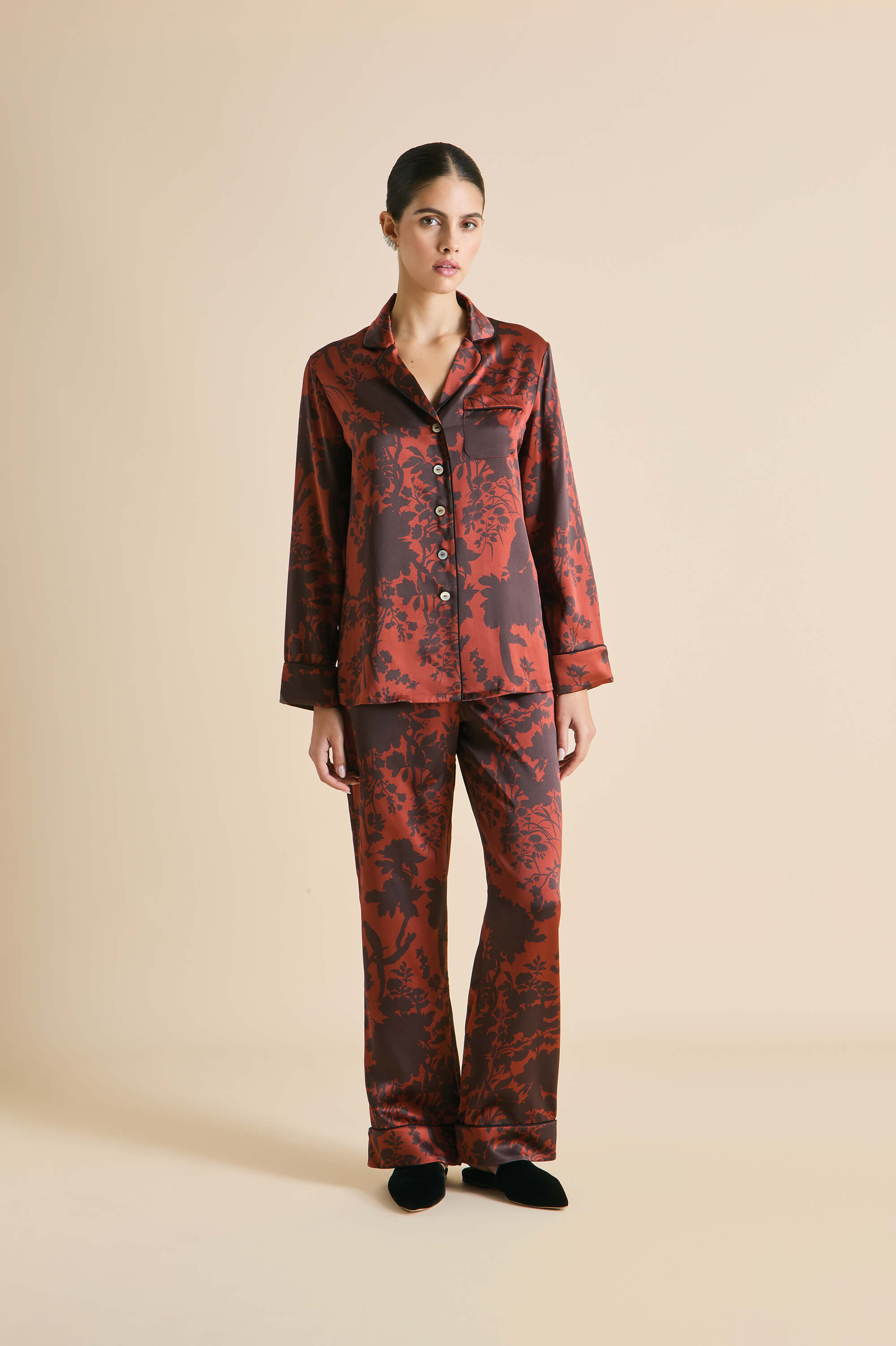 Lila Lalanne Burgundy Floral Pajamas in Silk Satin