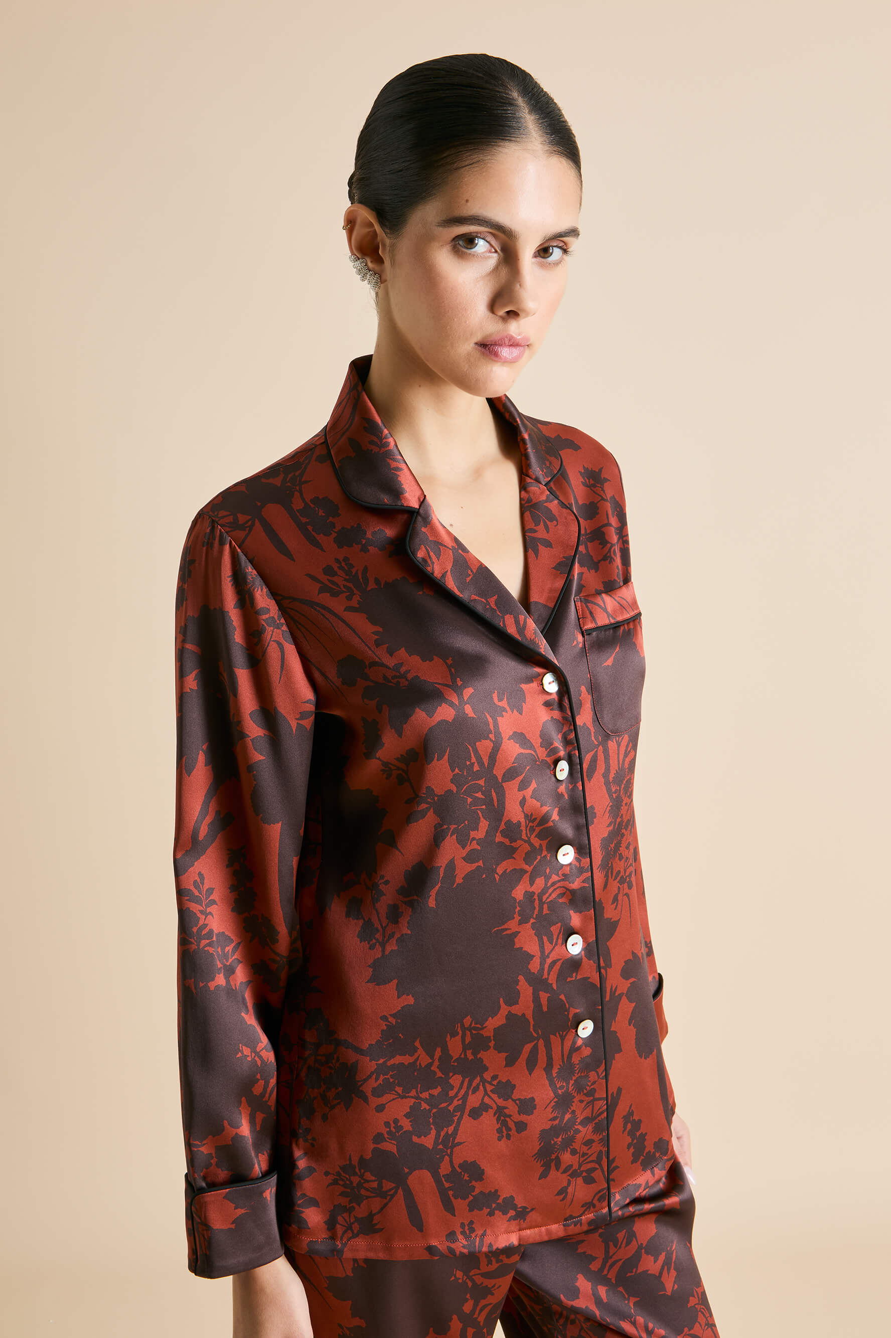 Lila Lalanne Burgundy Floral Pajamas in Silk Satin