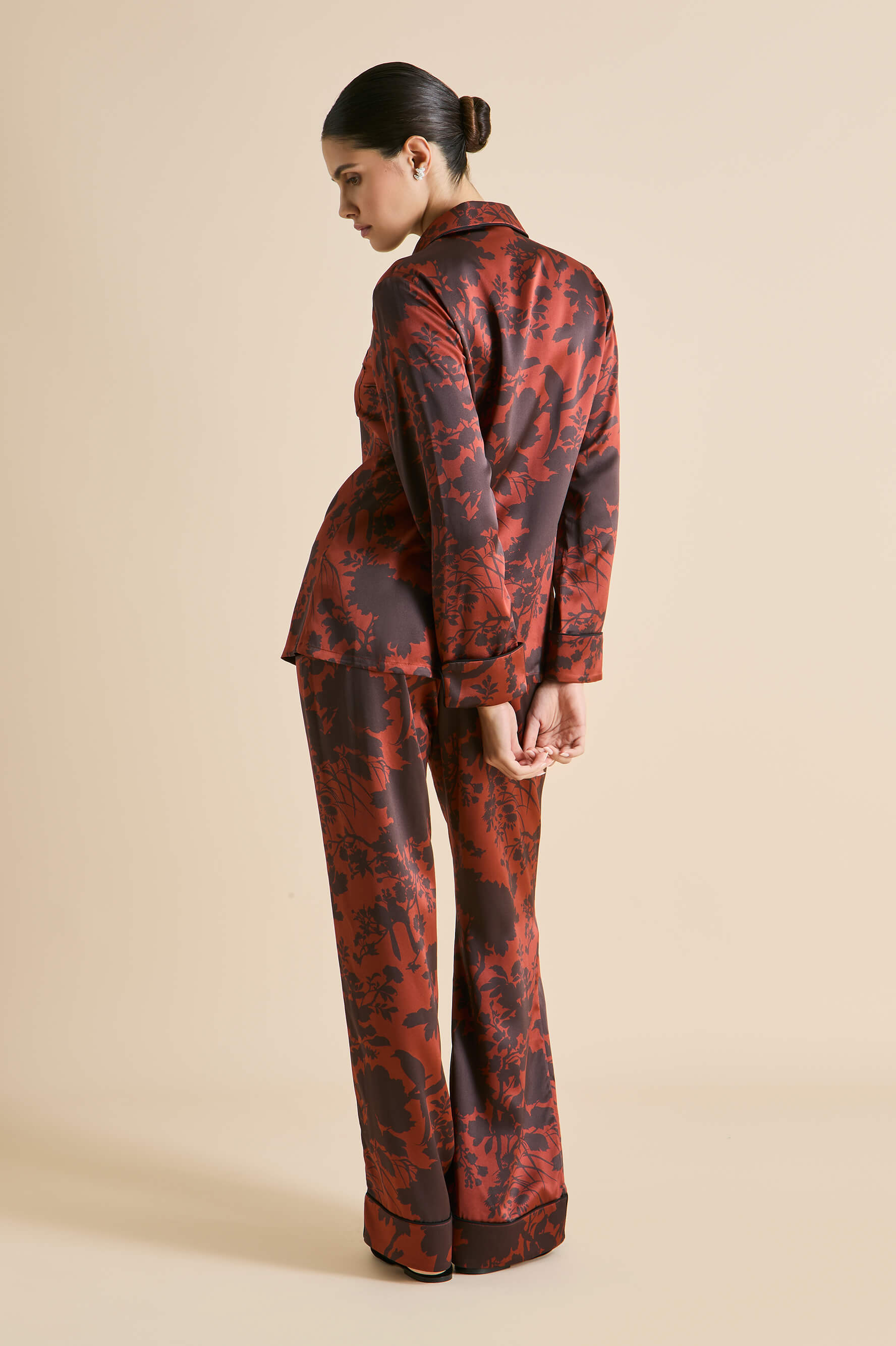 Lila Lalanne Burgundy Floral Pajamas in Silk Satin