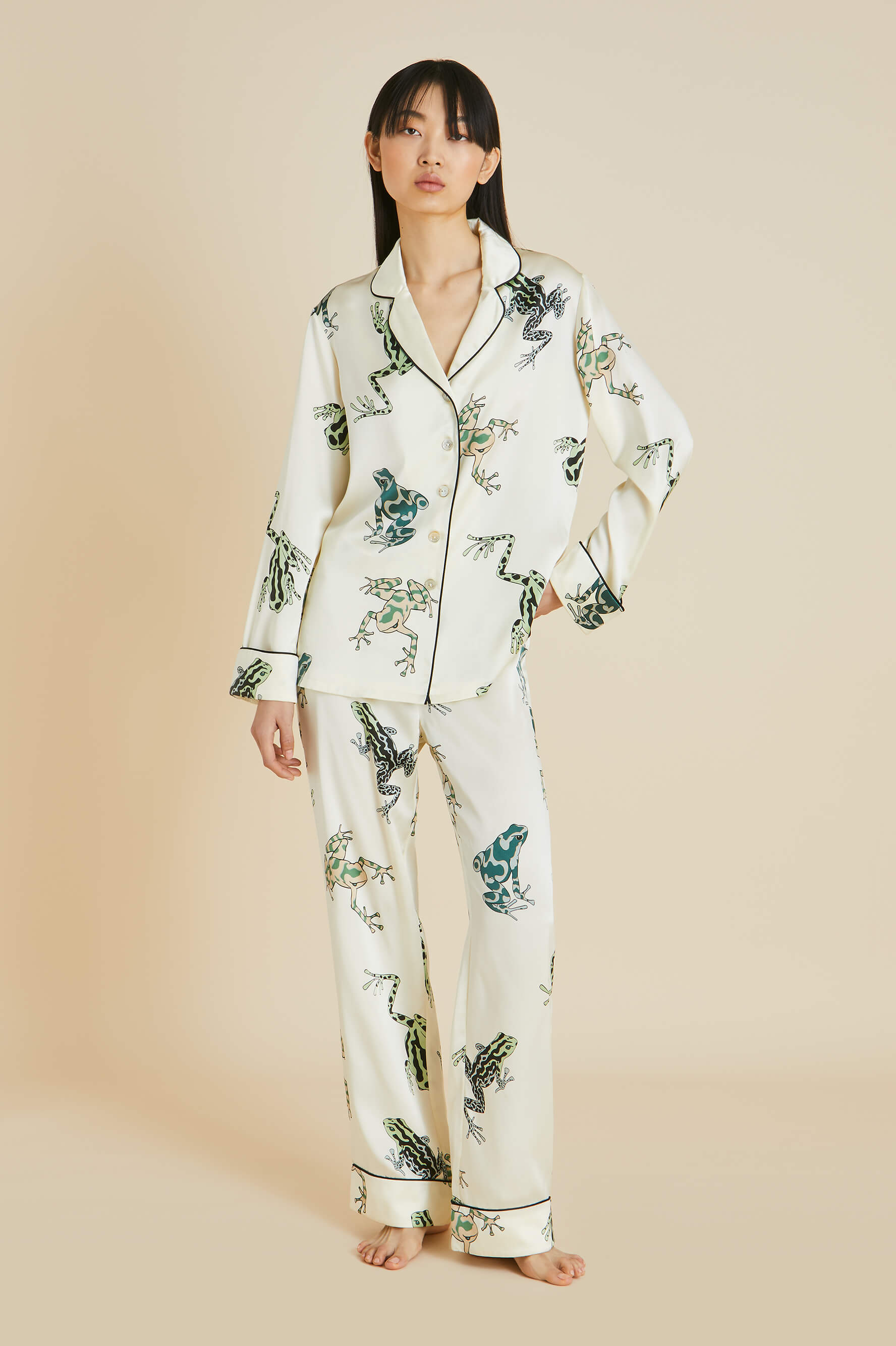 Lila Lumi Ivory Frog Pajamas in Silk Satin | Olivia von Halle