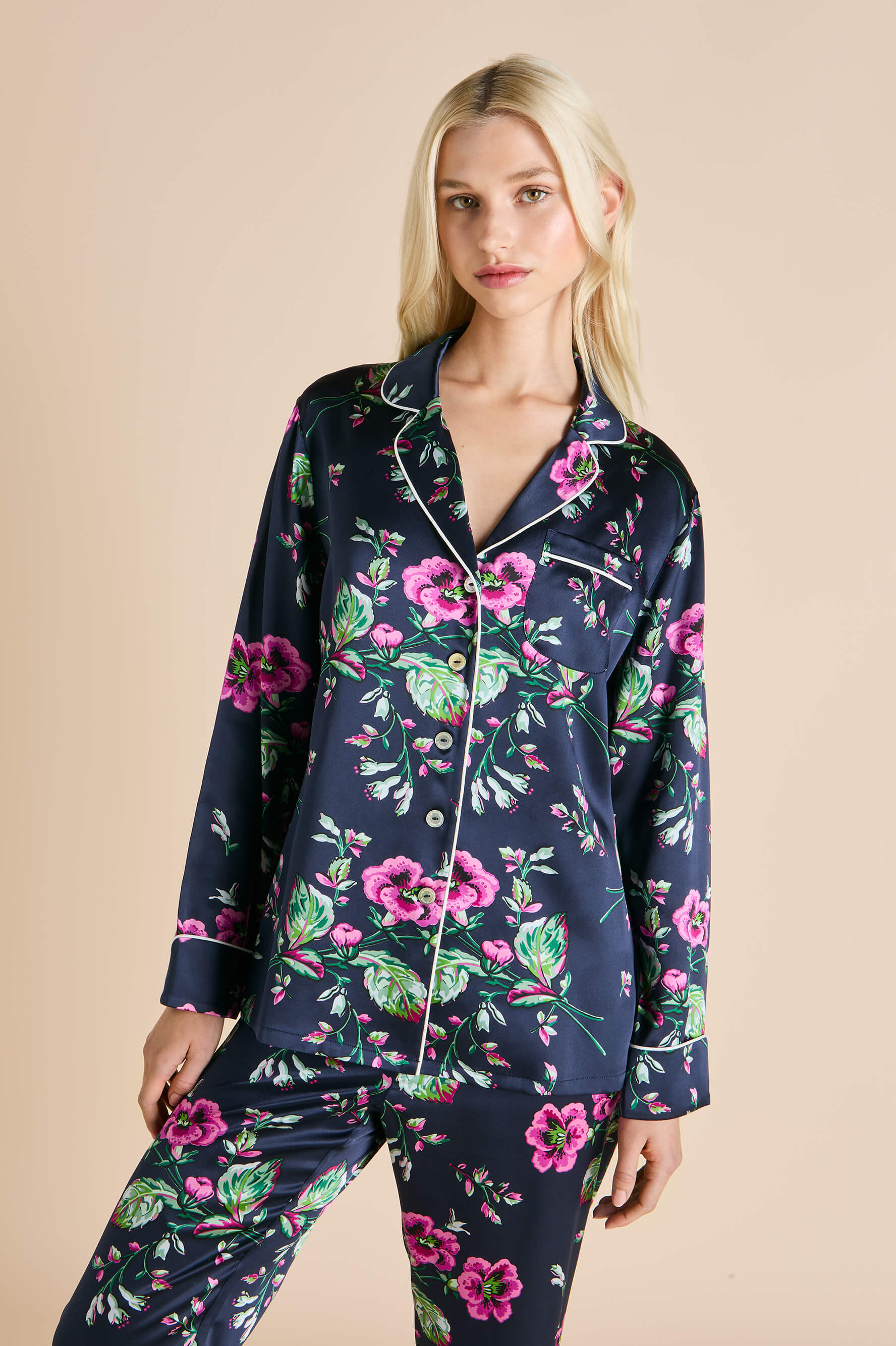 Lila Madison Navy Floral Pajamas in Silk Satin