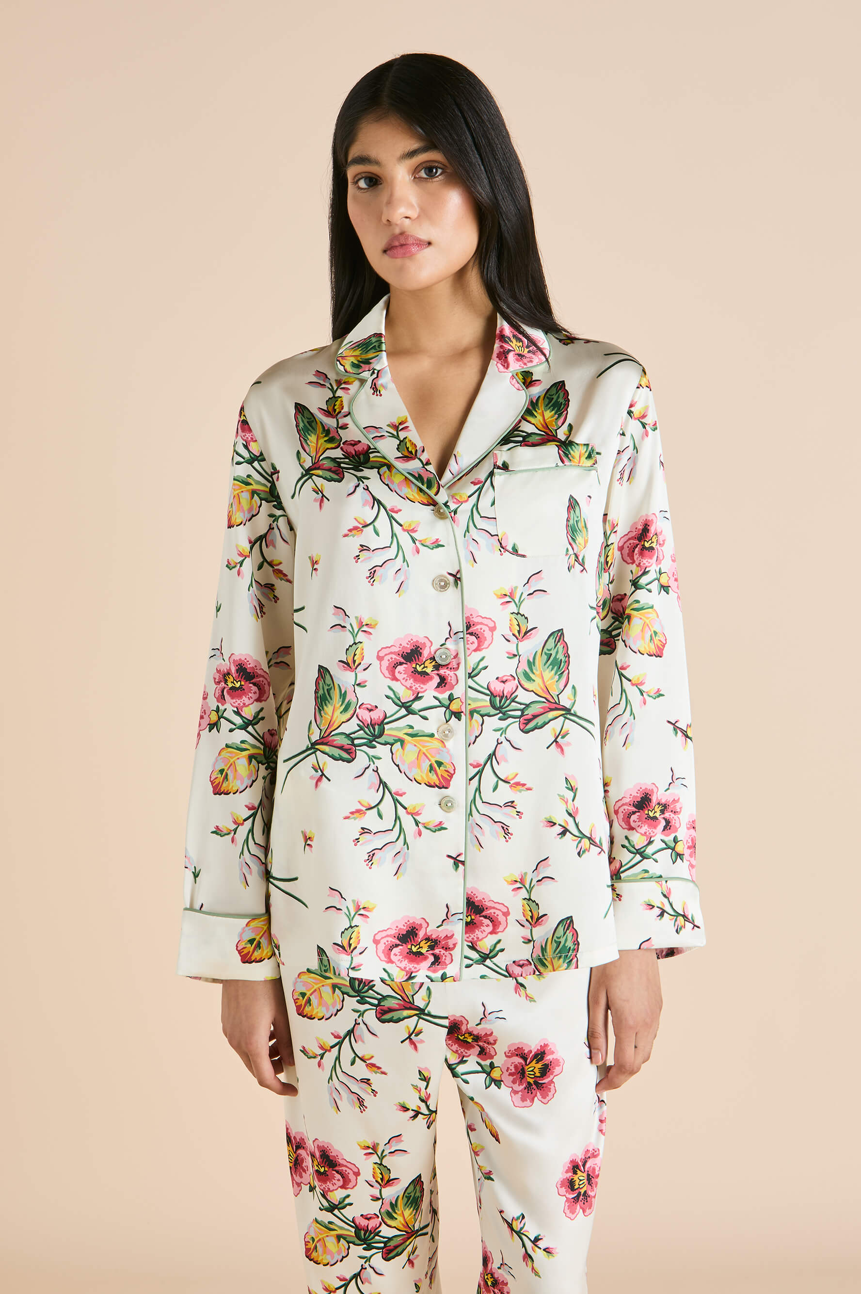 Lila Maugham Ivory Floral Pajamas in Silk Satin