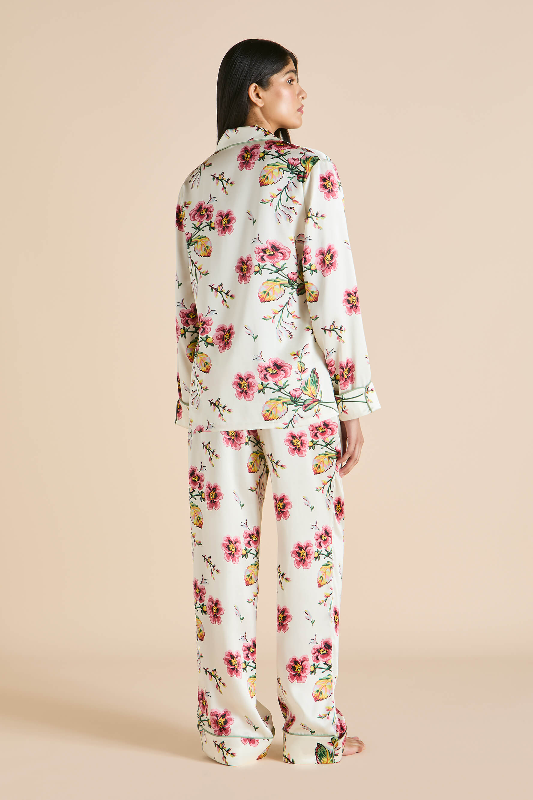 Lila Maugham Ivory Floral Pajamas in Silk Satin