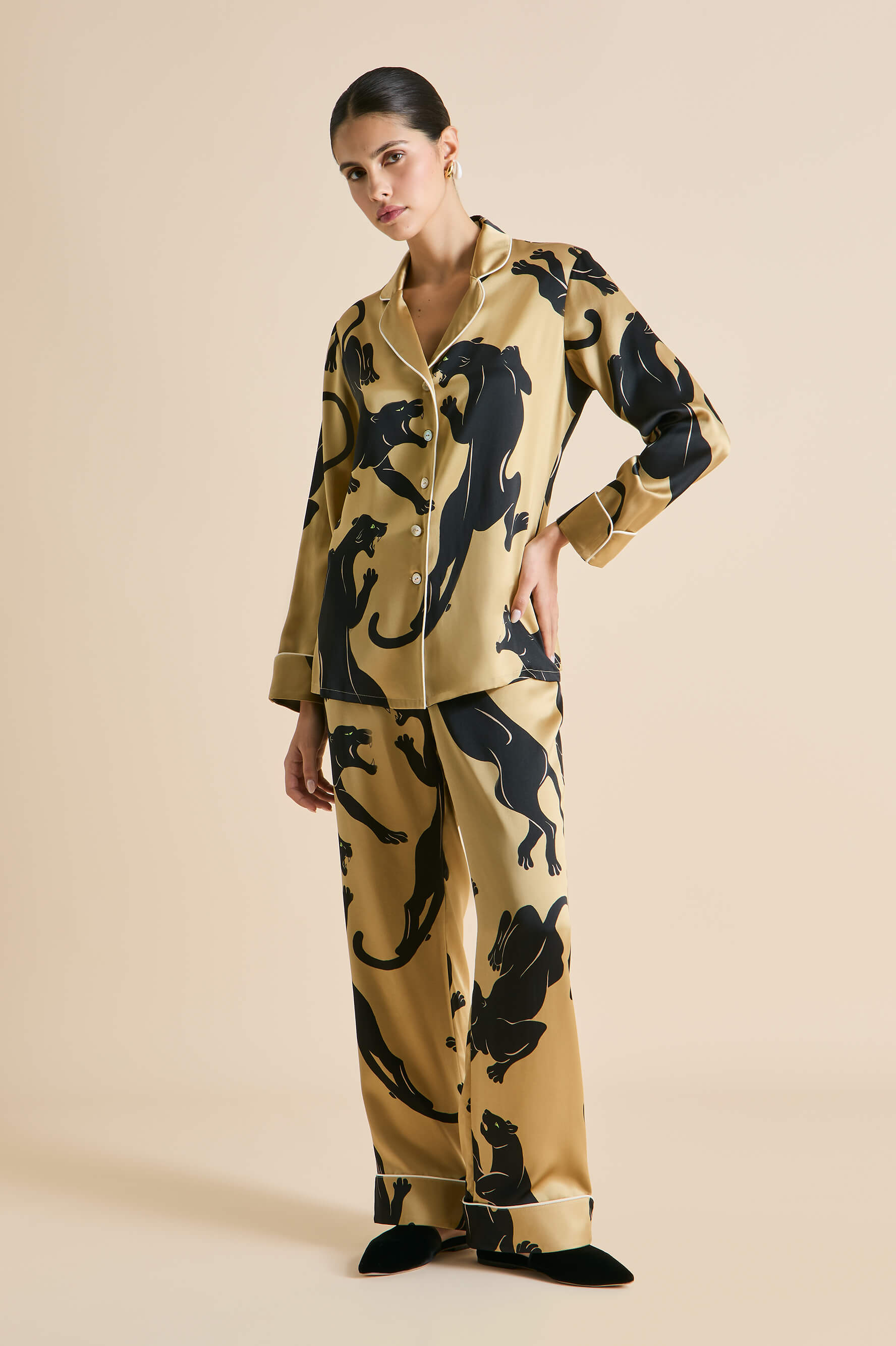 Lila Perriand Gold Panther Pajamas in Silk Satin