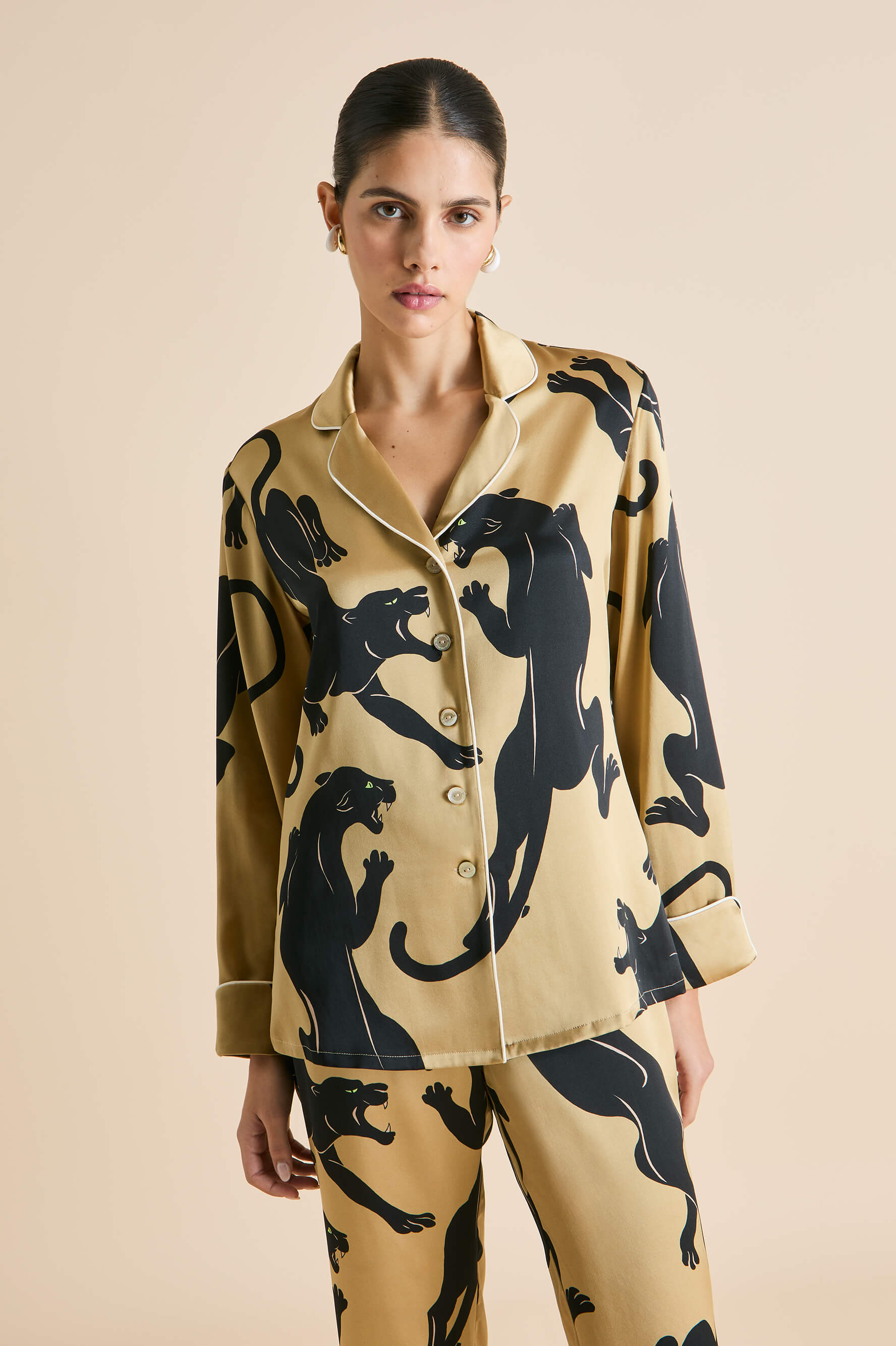 Lila Perriand Gold Panther Pajamas in Silk Satin