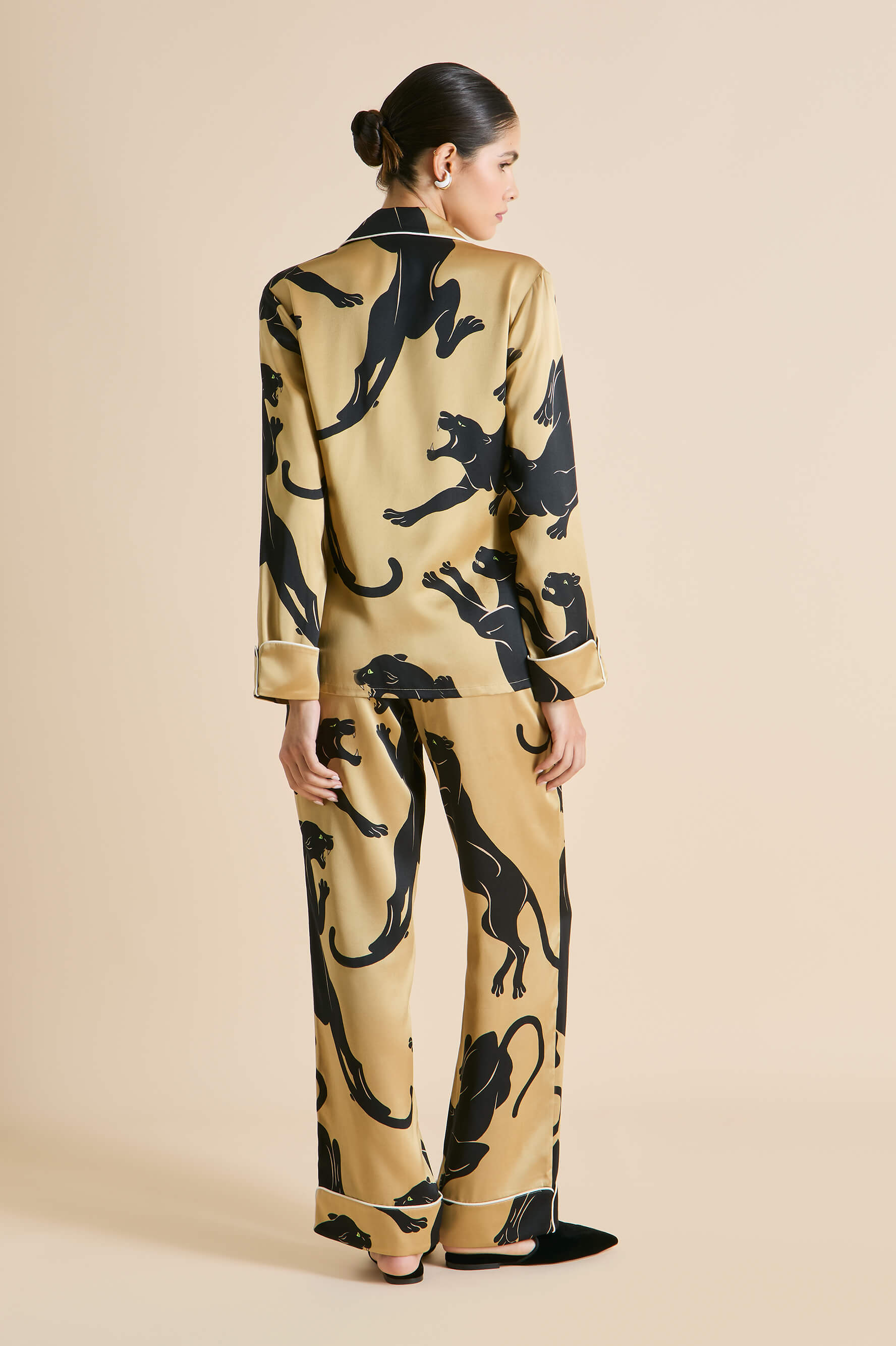 Lila Perriand Gold Panther Pajamas in Silk Satin