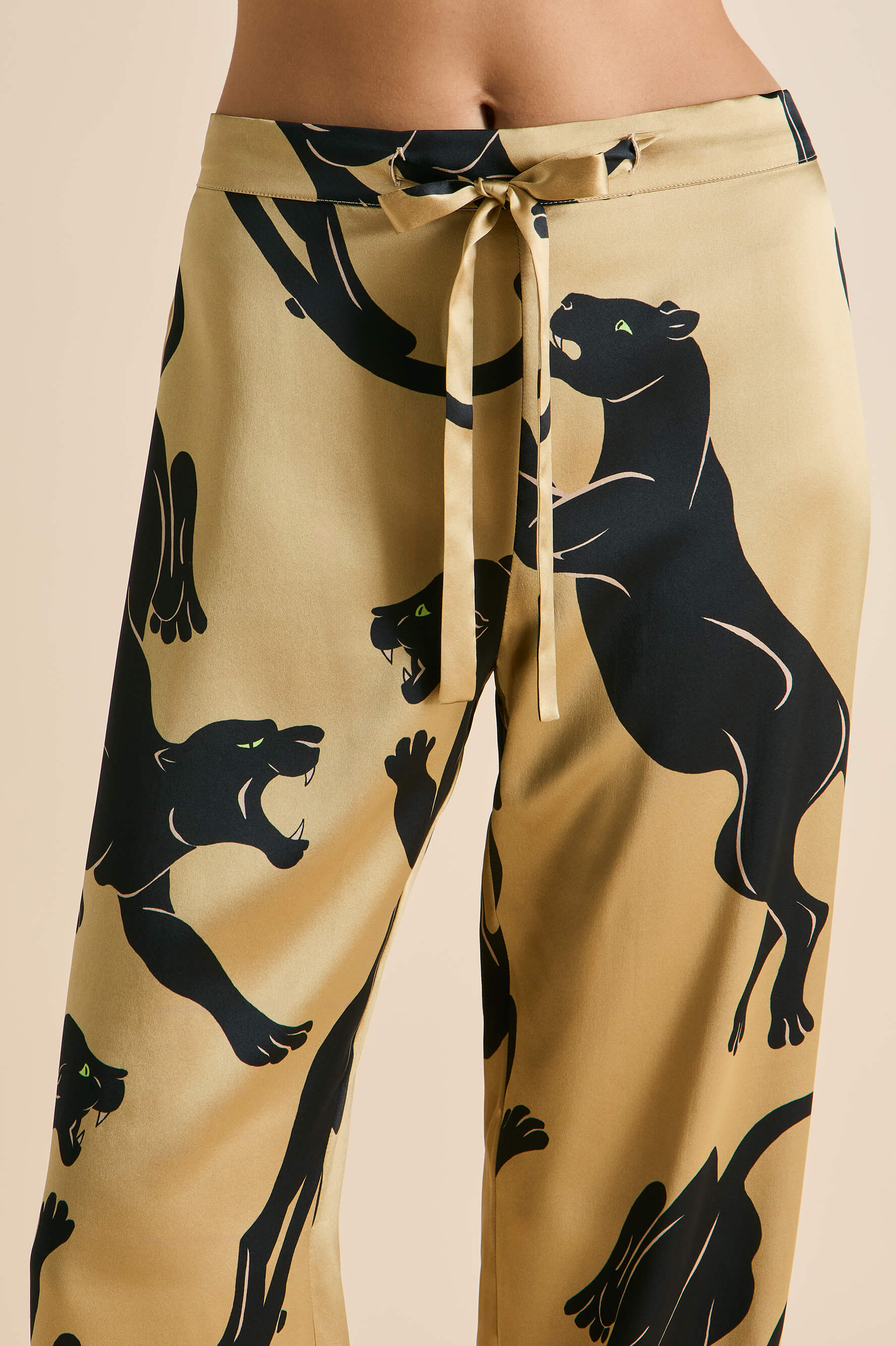 Lila Perriand Gold Panther Pajamas in Silk Satin