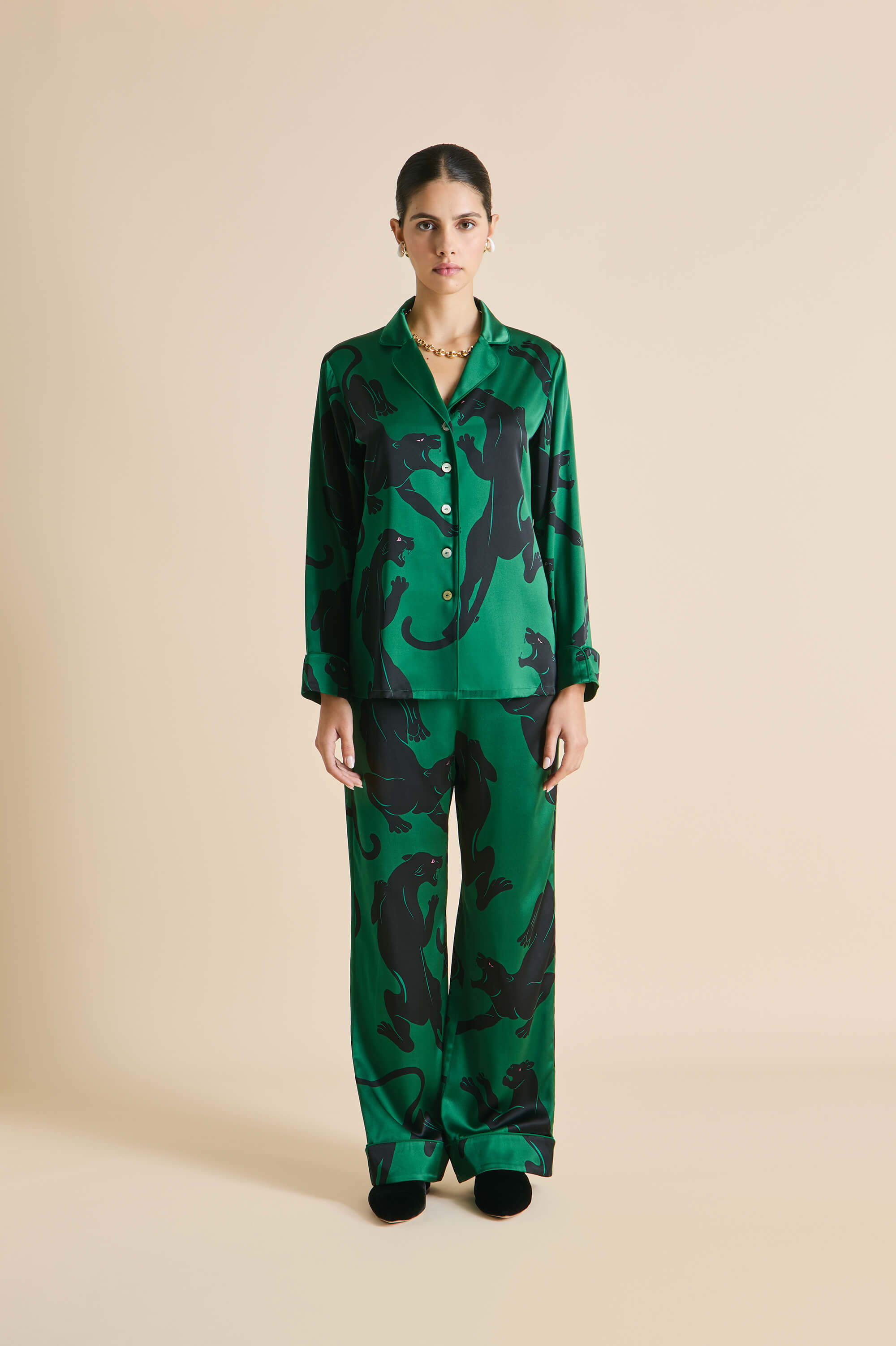 Lila Poiret Green Panther Pajamas in Silk Satin