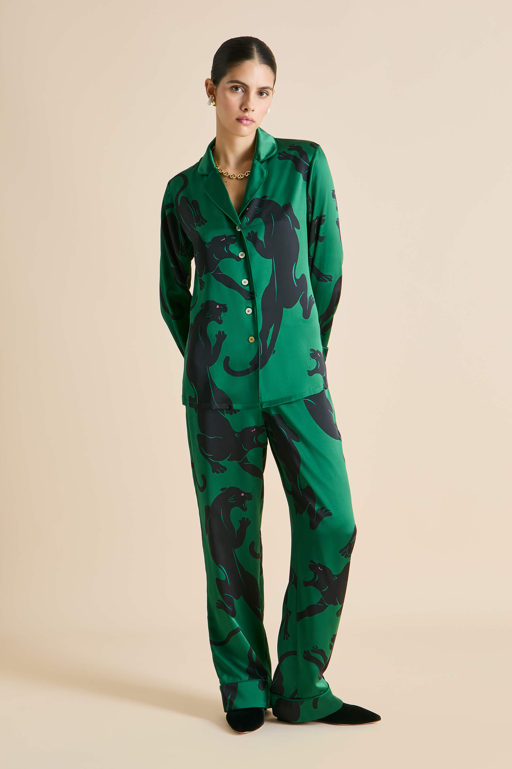 Lila Poiret Green Panther Pajamas in Silk Satin