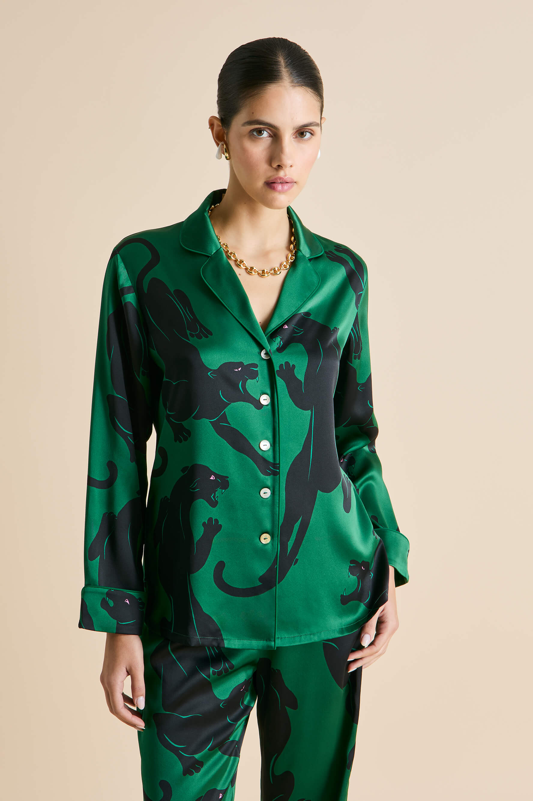 Lila Poiret Green Panther Pajamas in Silk Satin