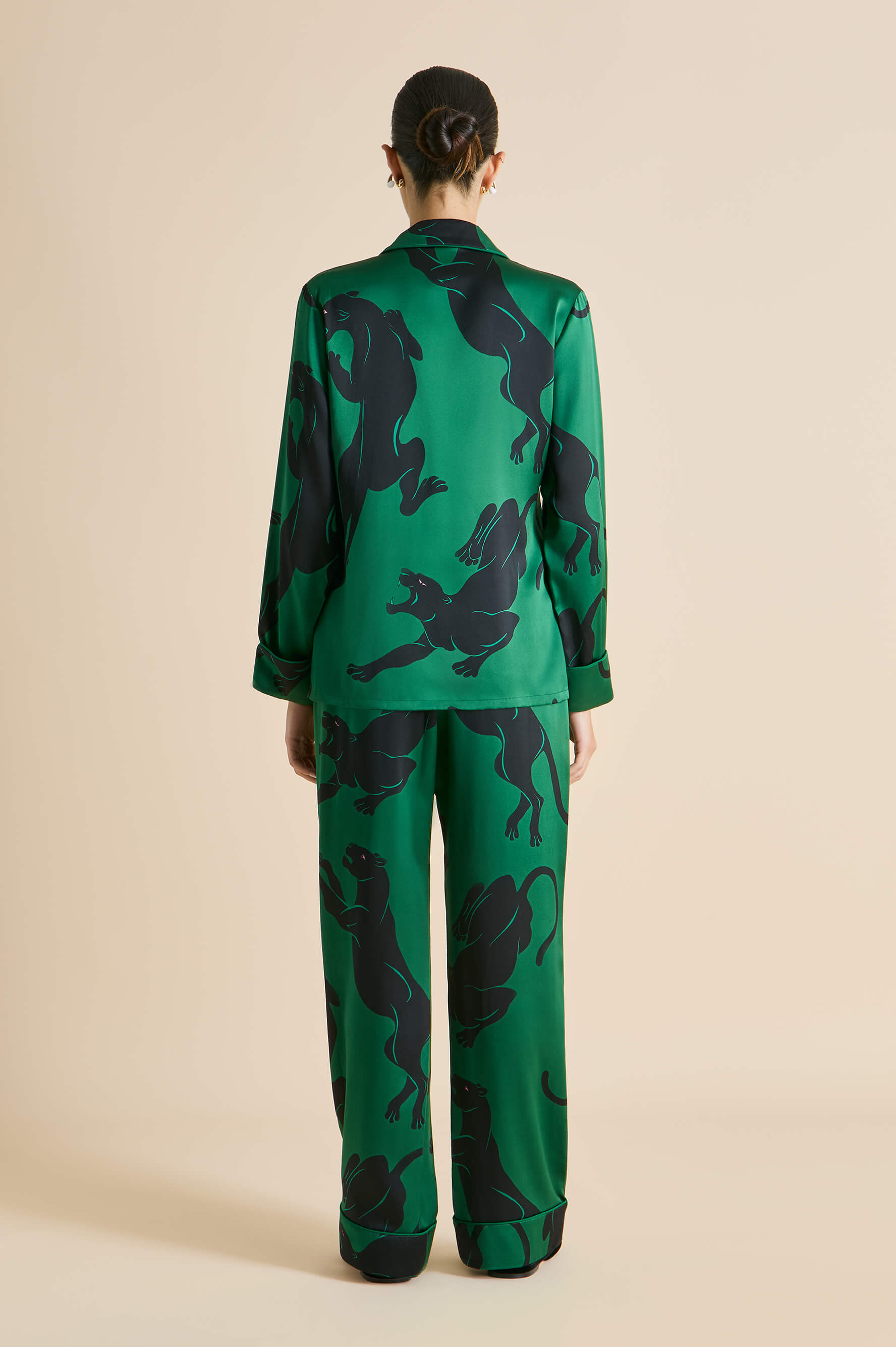 Lila Poiret Green Panther Pajamas in Silk Satin