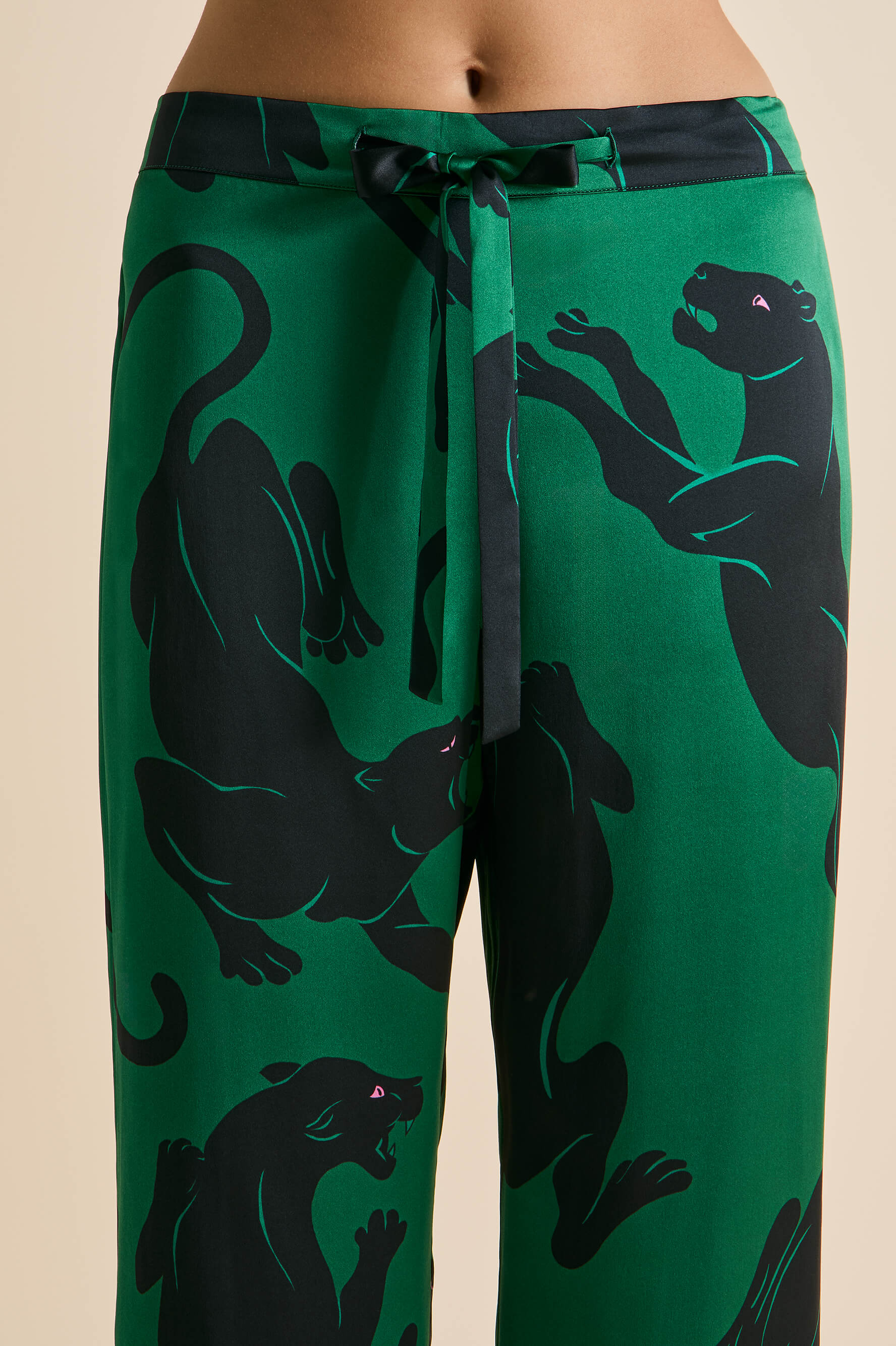 Lila Poiret Green Panther Pajamas in Silk Satin