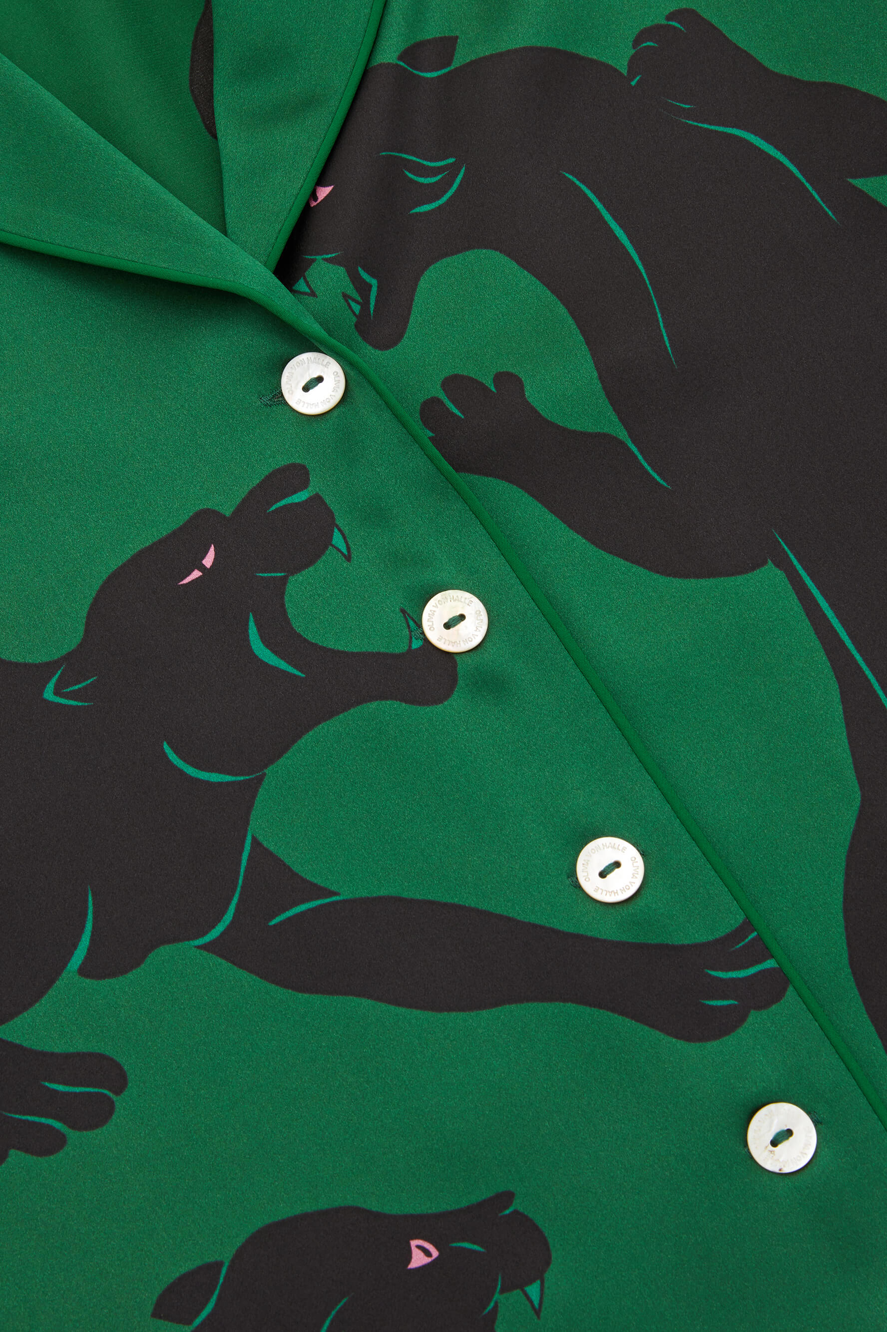 Lila Poiret Green Panther Pajamas in Silk Satin