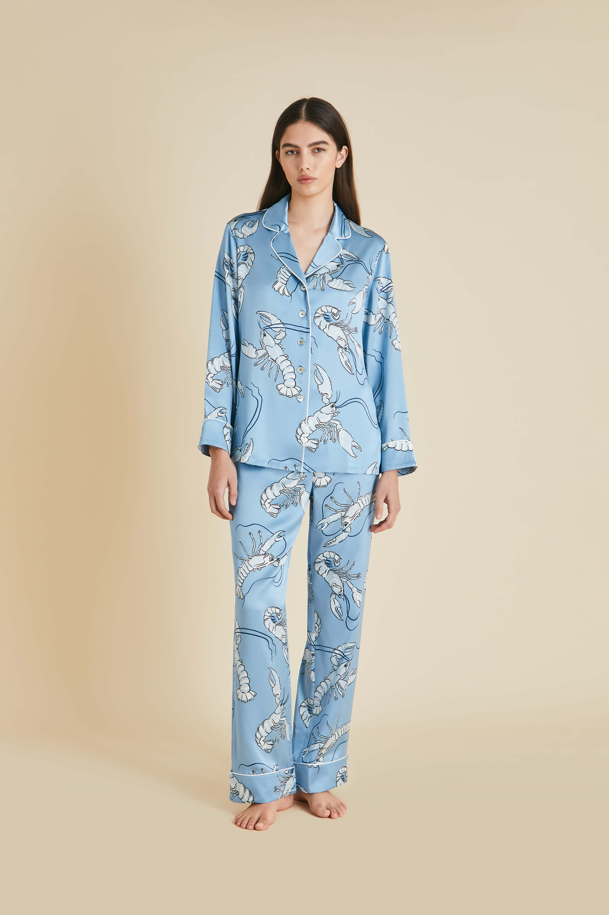 Lila Poseidon Blue Lobster Pajamas in Silk Satin