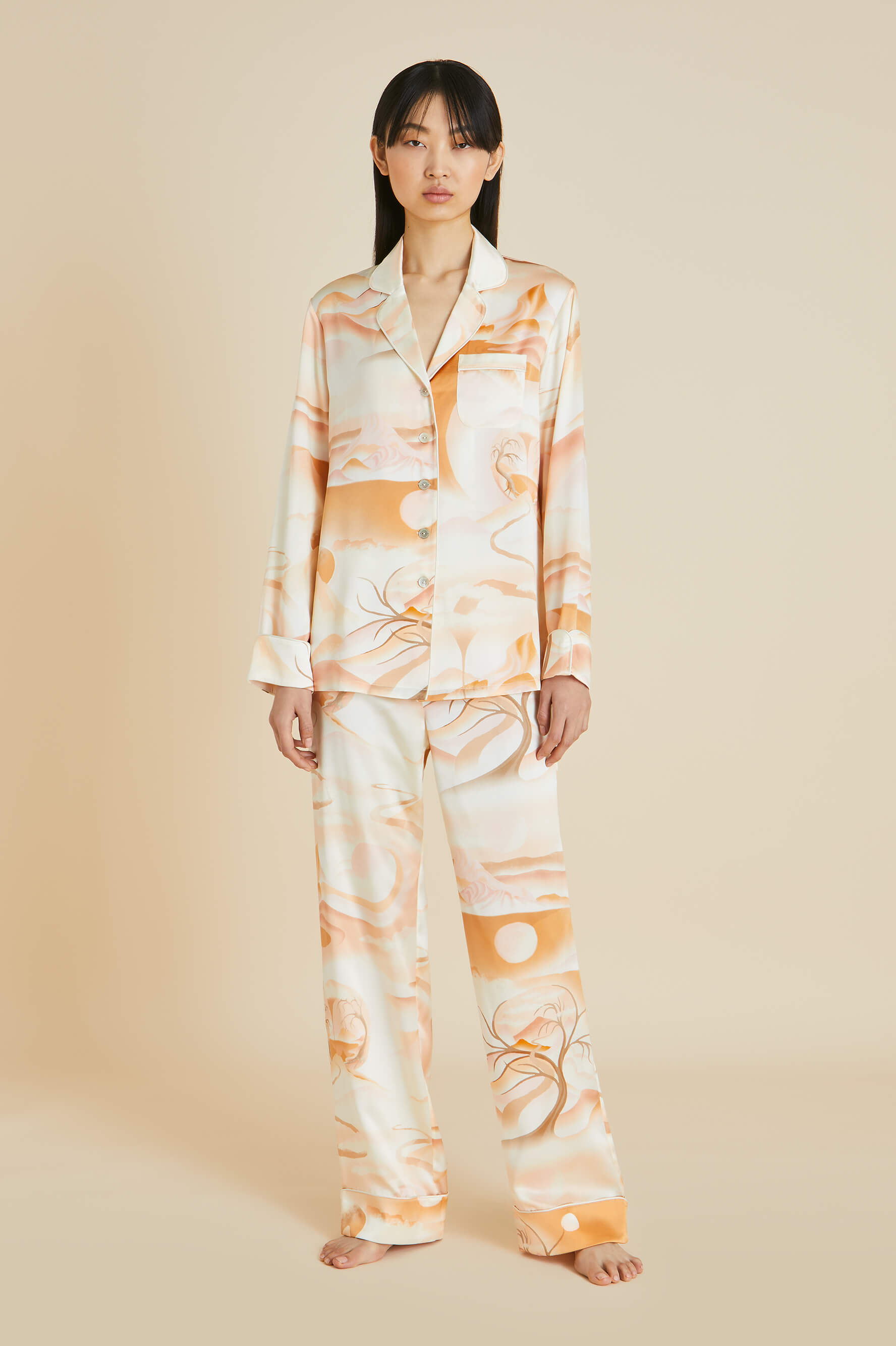 Lila Quartz Orange Landscape Pajamas in Silk Satin