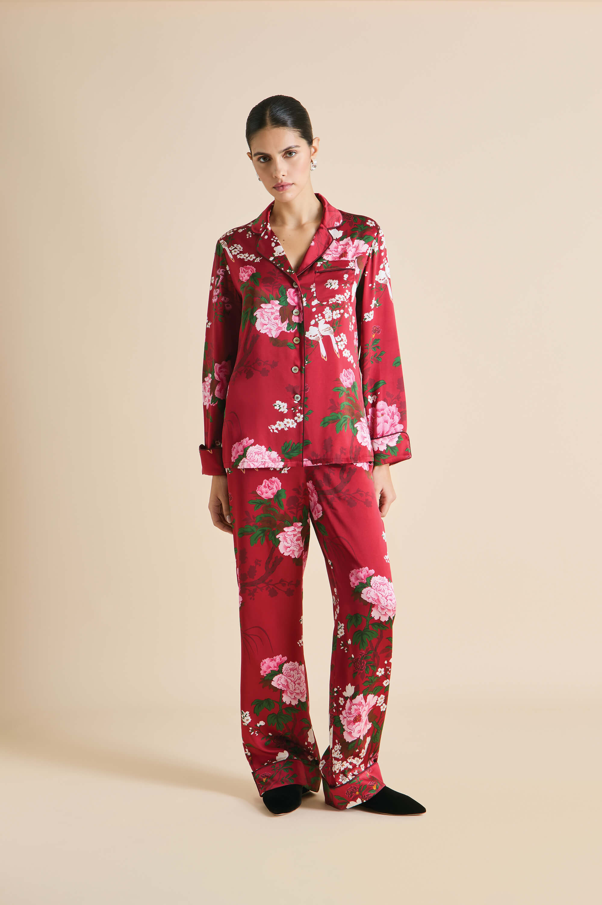 Lila Tardieu Red Floral Pajamas in Silk Satin