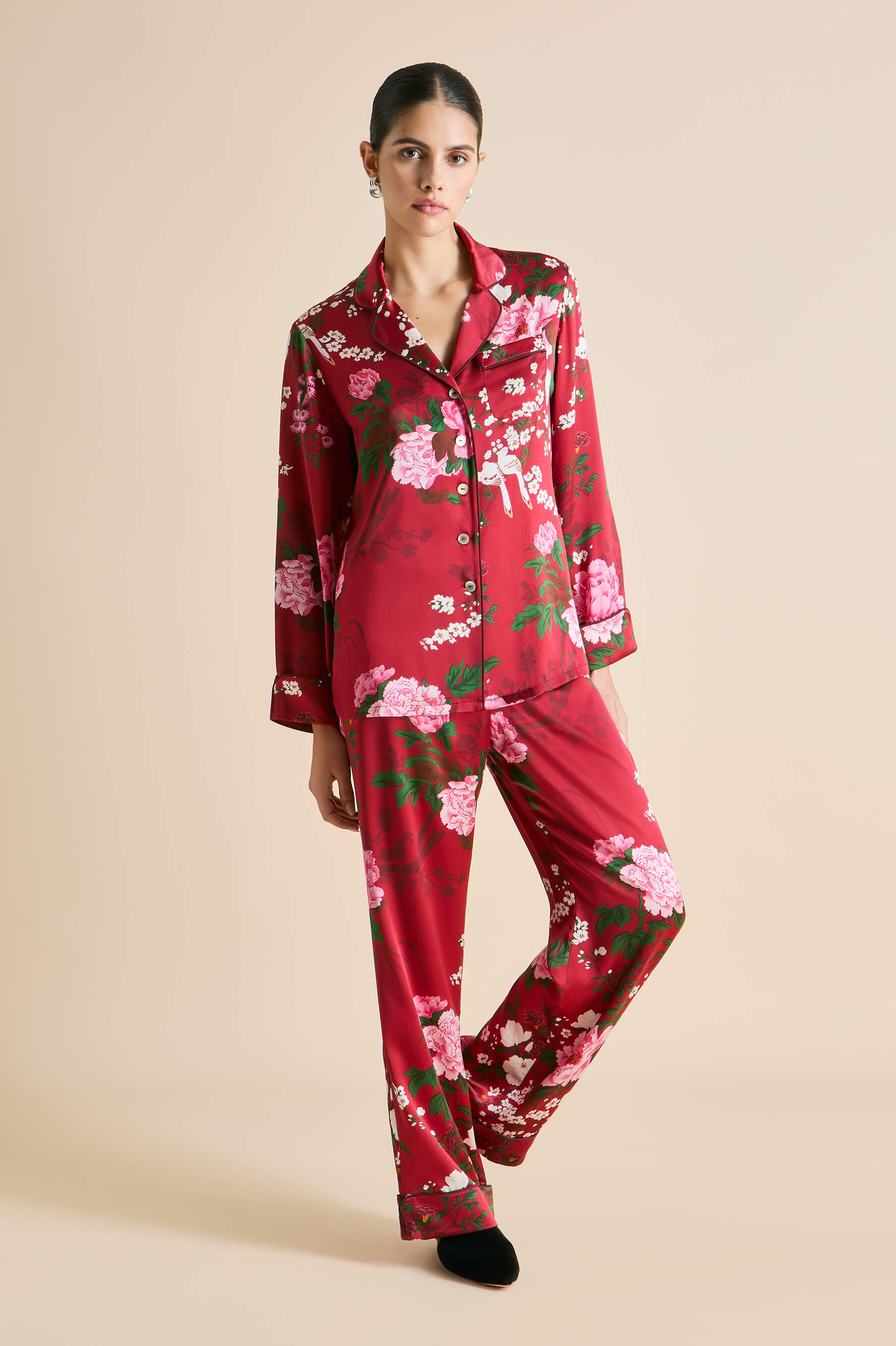 Lila Tardieu Red Floral Pajamas in Silk Satin