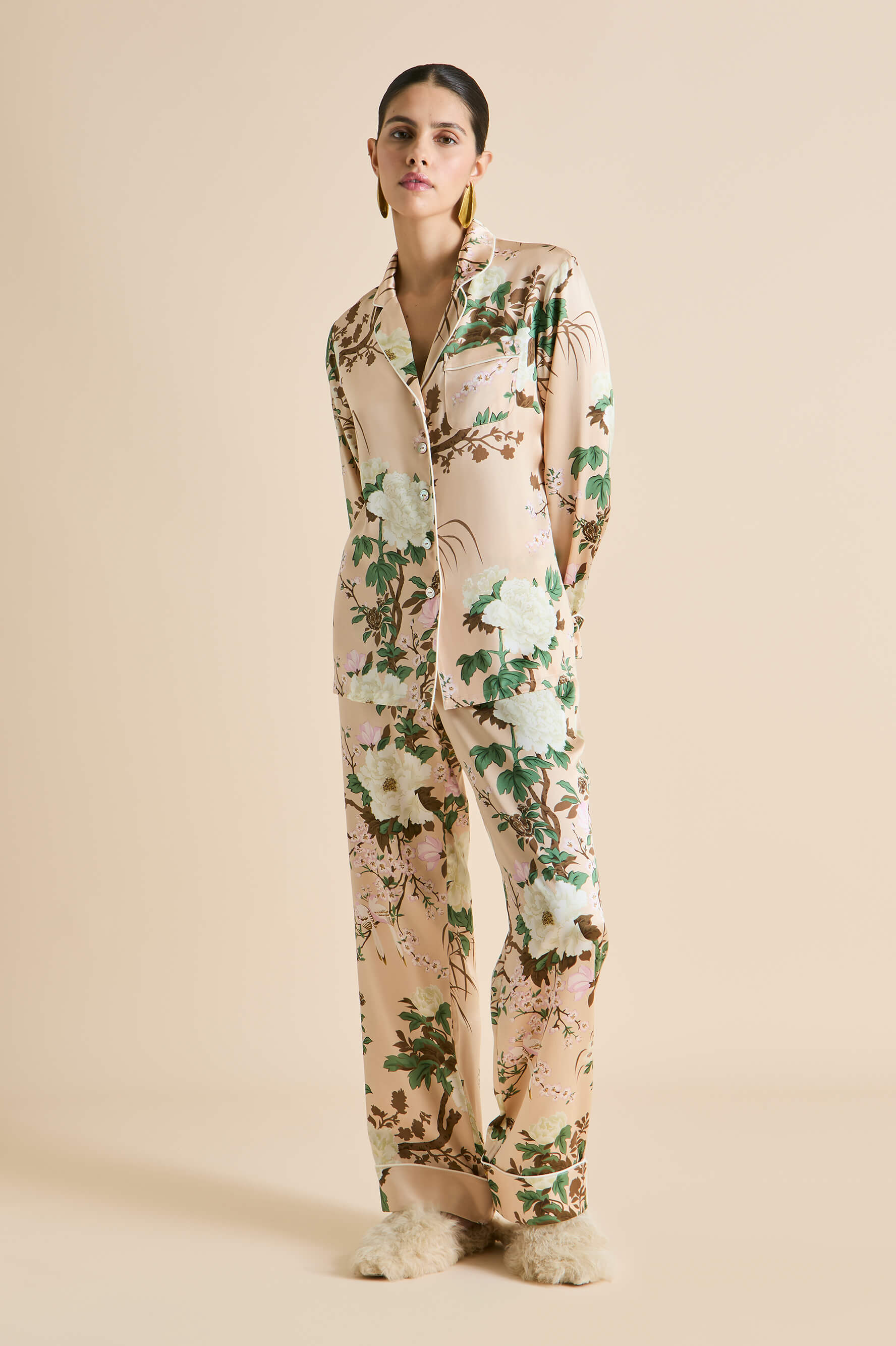 Lila Tirtoff Cream Floral Pajamas in Silk Satin