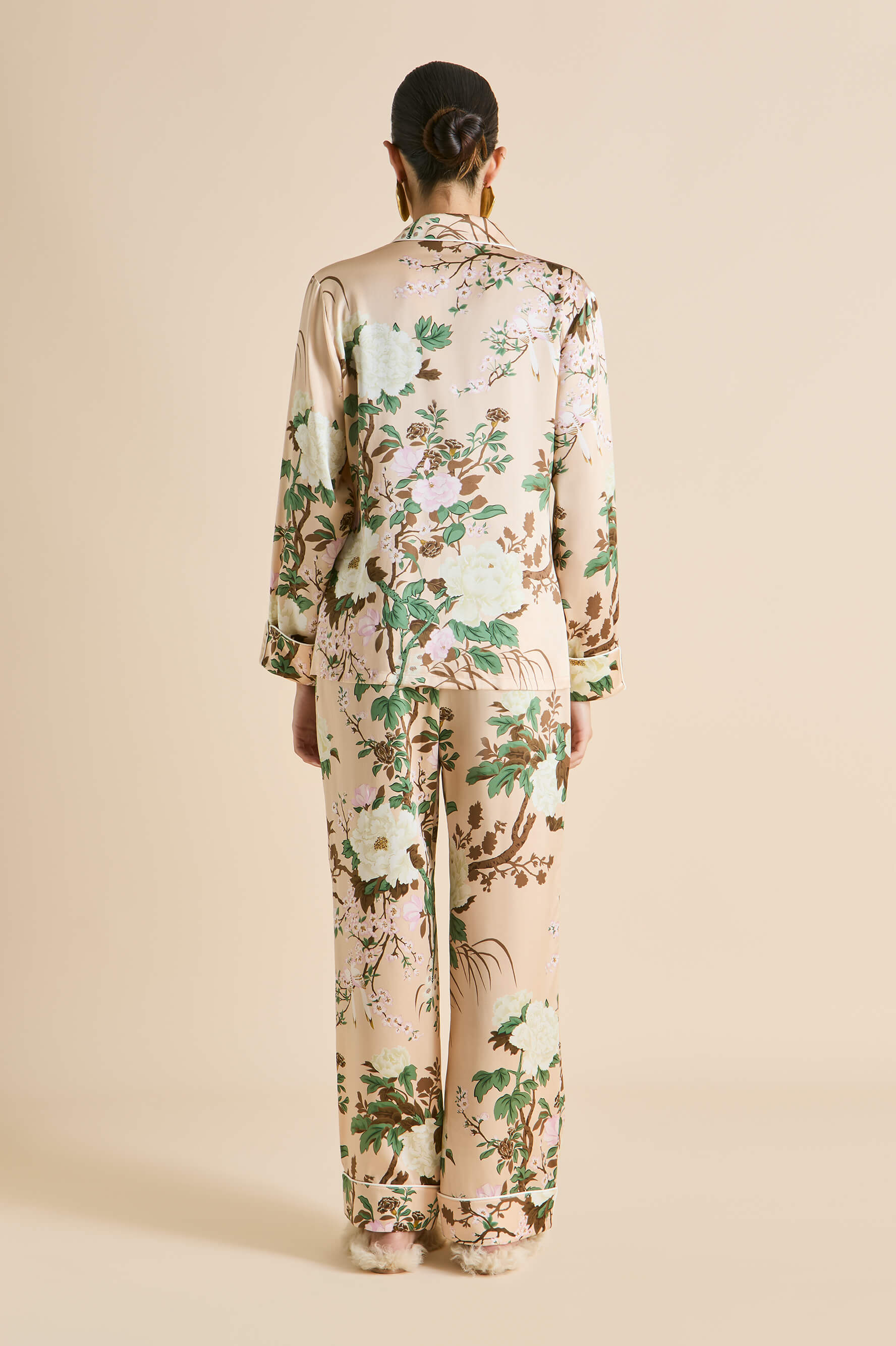 Lila Tirtoff Cream Floral Pajamas in Silk Satin