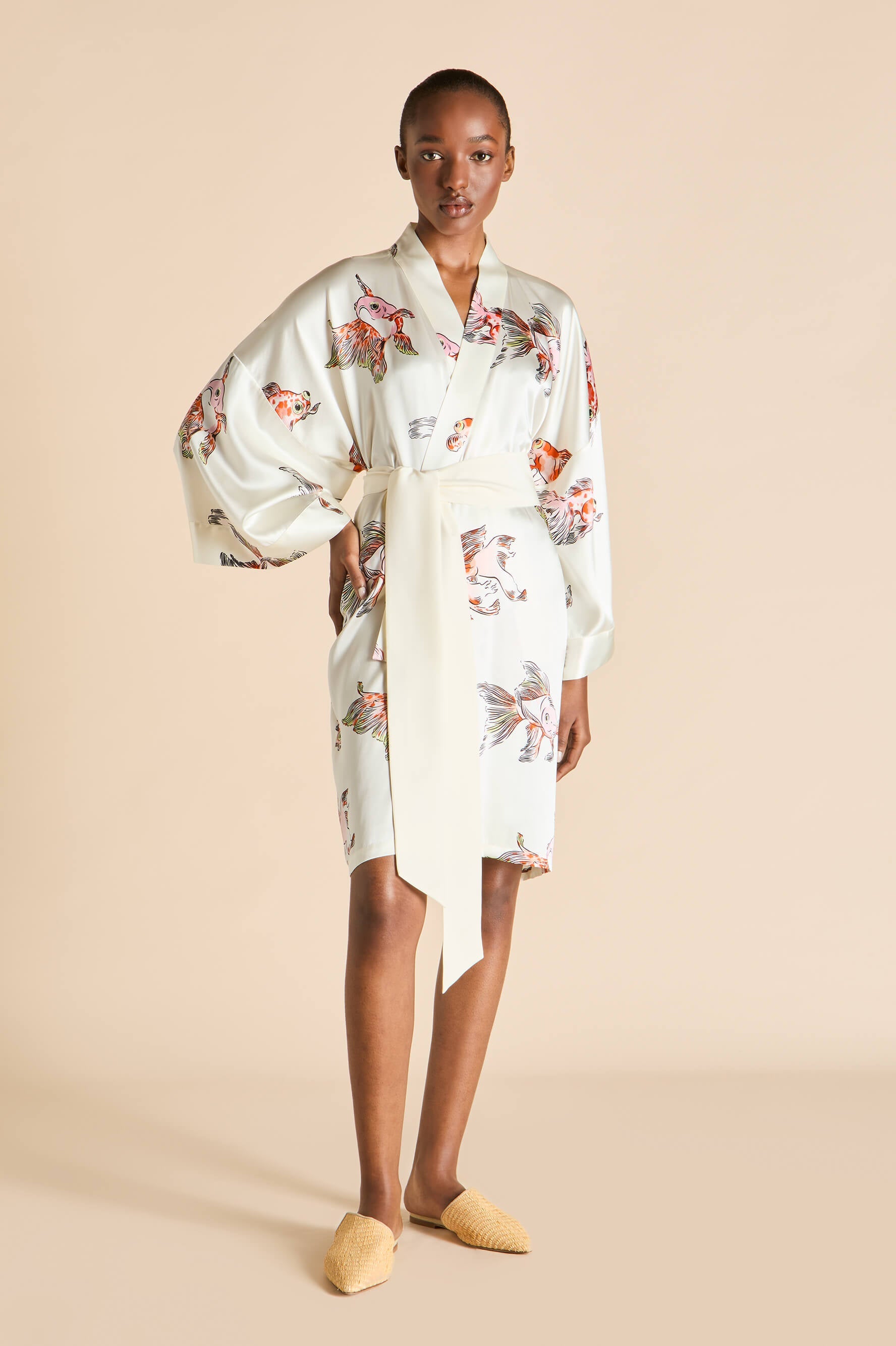 Mimi Cora Ivory Goldfish Robe in Silk Satin