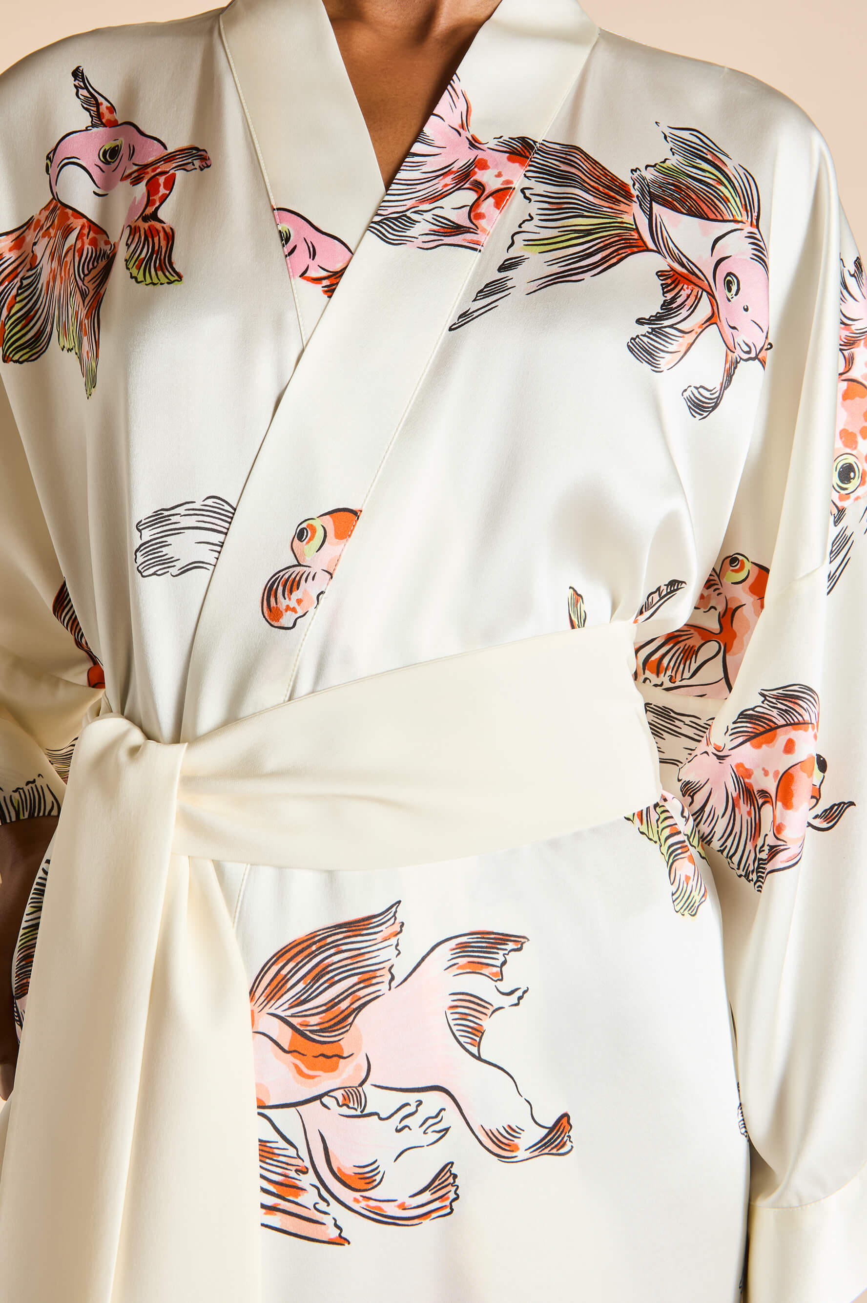 Mimi Cora Ivory Goldfish Robe in Silk Satin