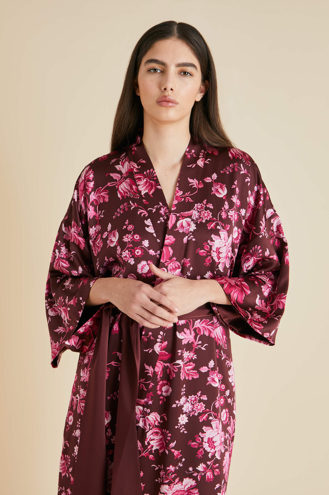 Queenie Aphrodite Burgundy Floral Robe in Silk Satin | Olivia von Halle