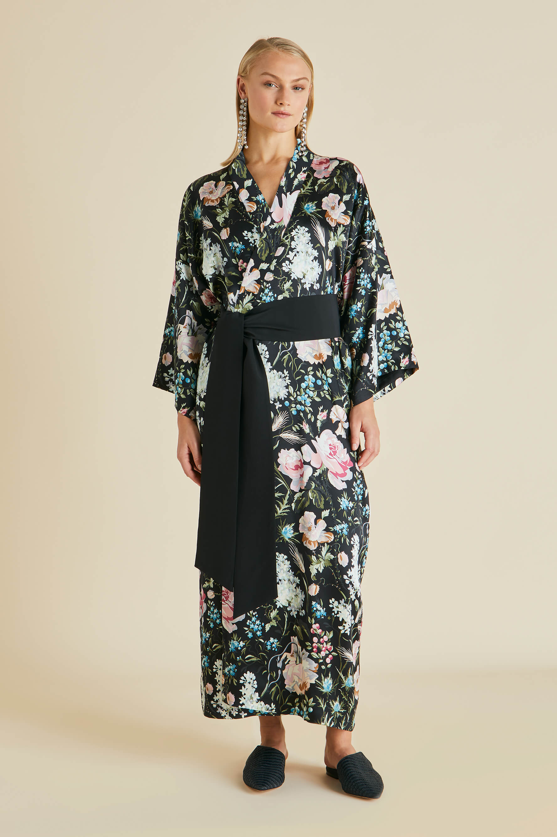 queenie black floral silk robe