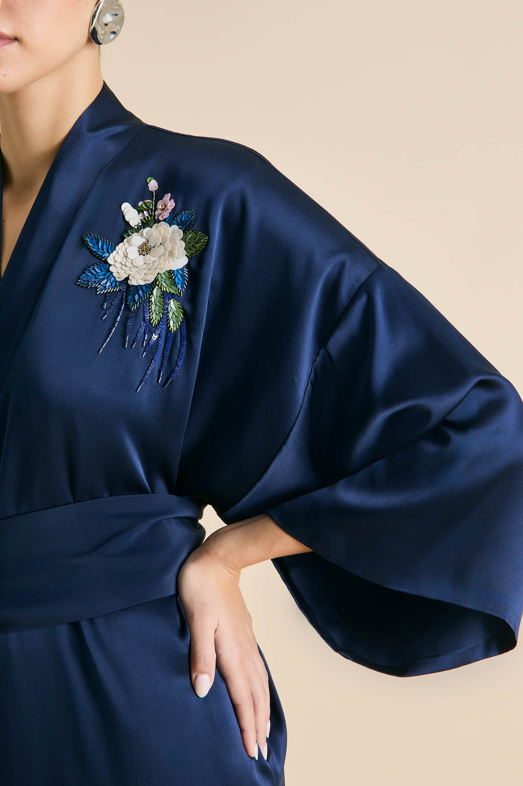 Queenie Harmonies Navy Embellished Robe in Silk Satin