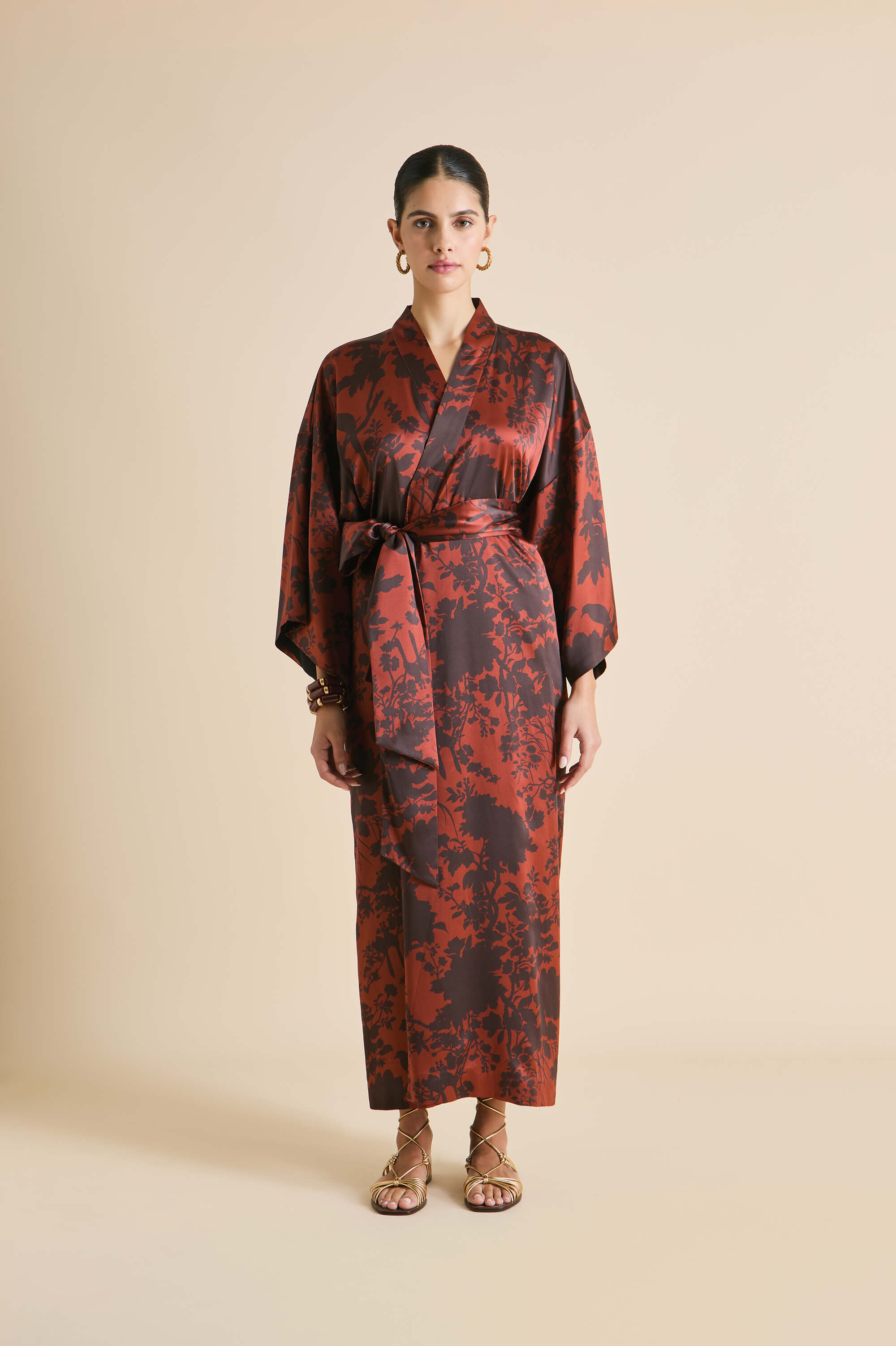 Queenie Lalanne Burgundy Floral Robe in Silk Satin