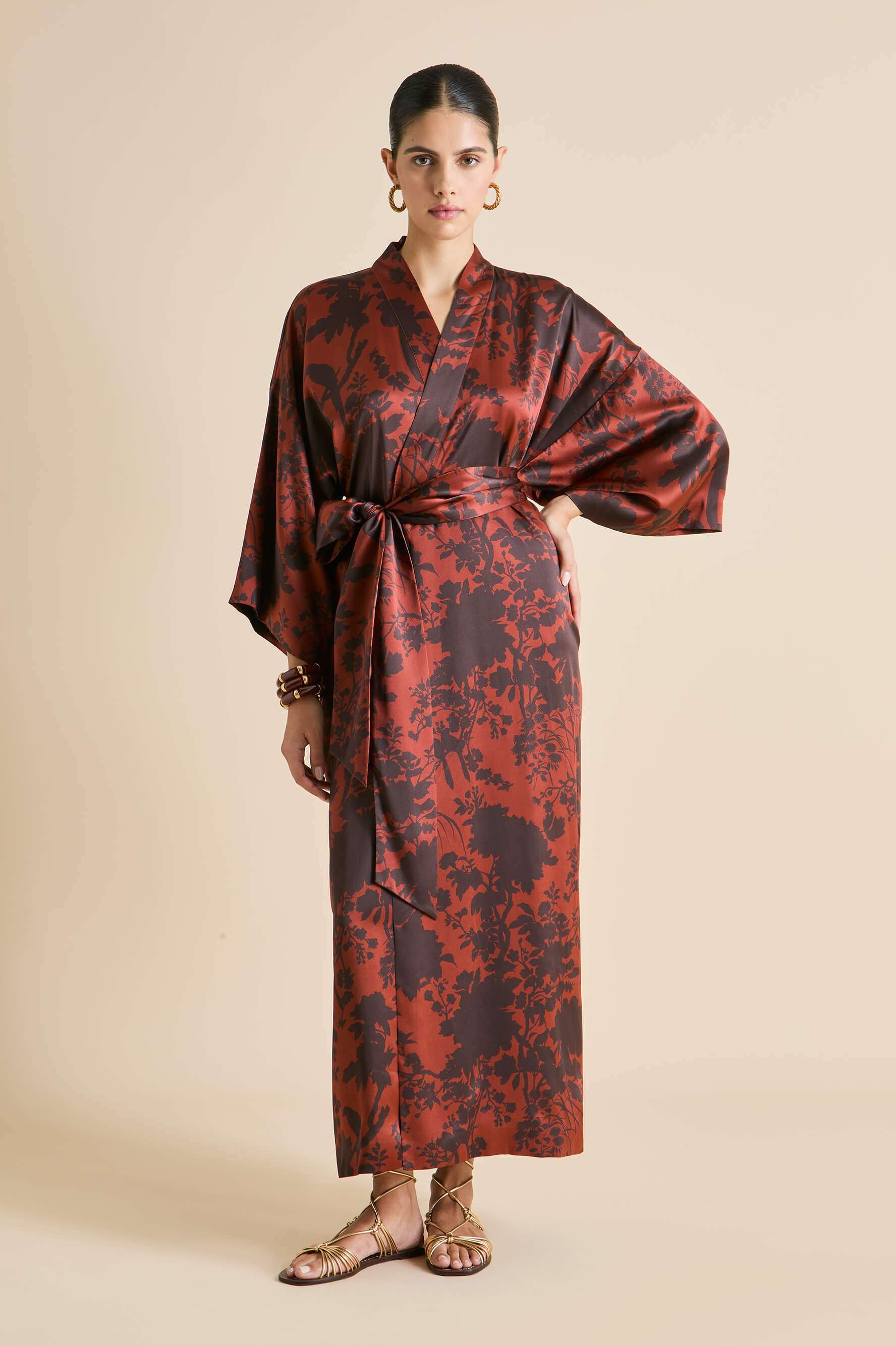 Queenie Lalanne Burgundy Floral Robe in Silk Satin