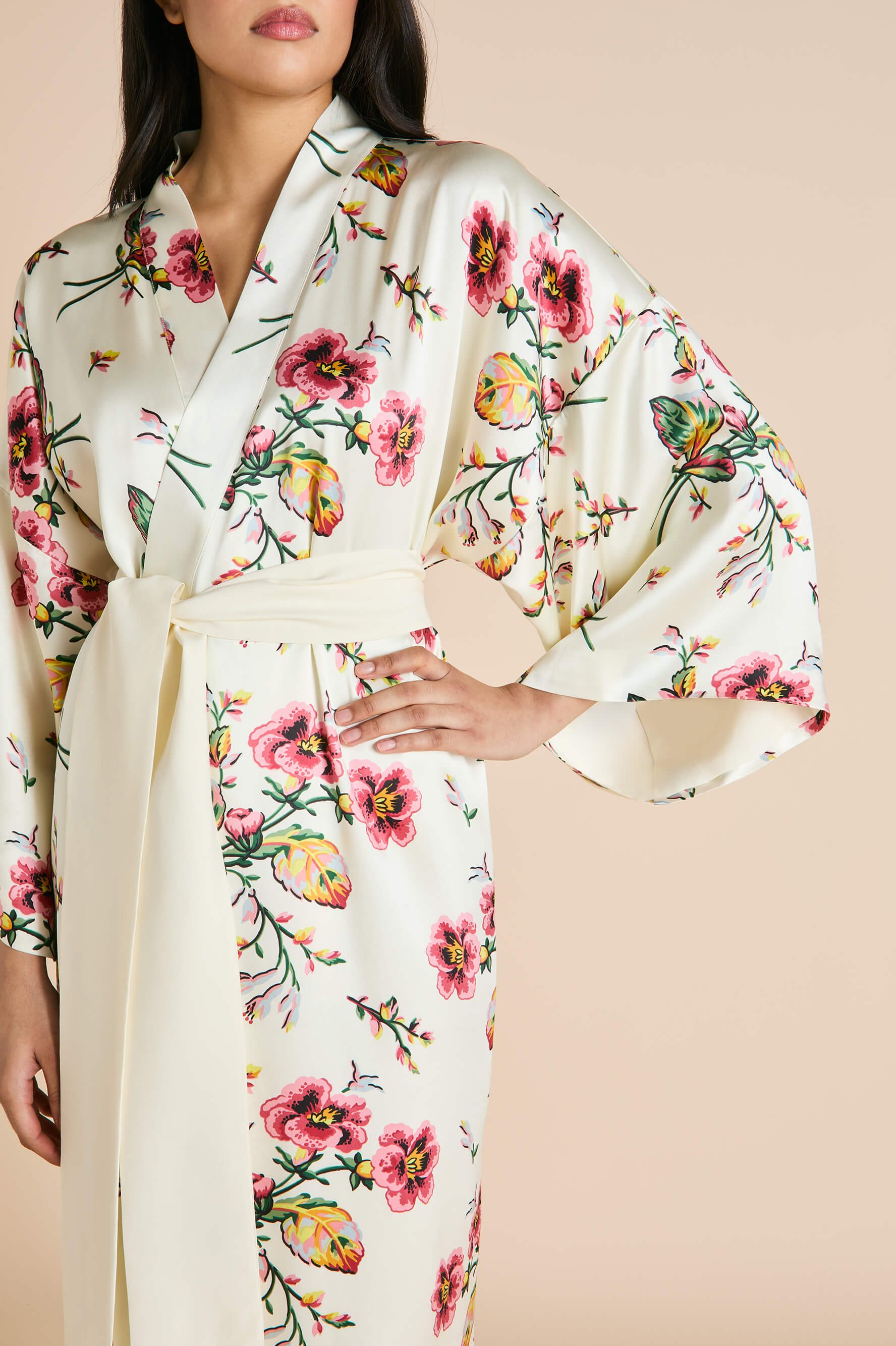 Queenie Maugham Ivory Floral Robe in Silk Satin