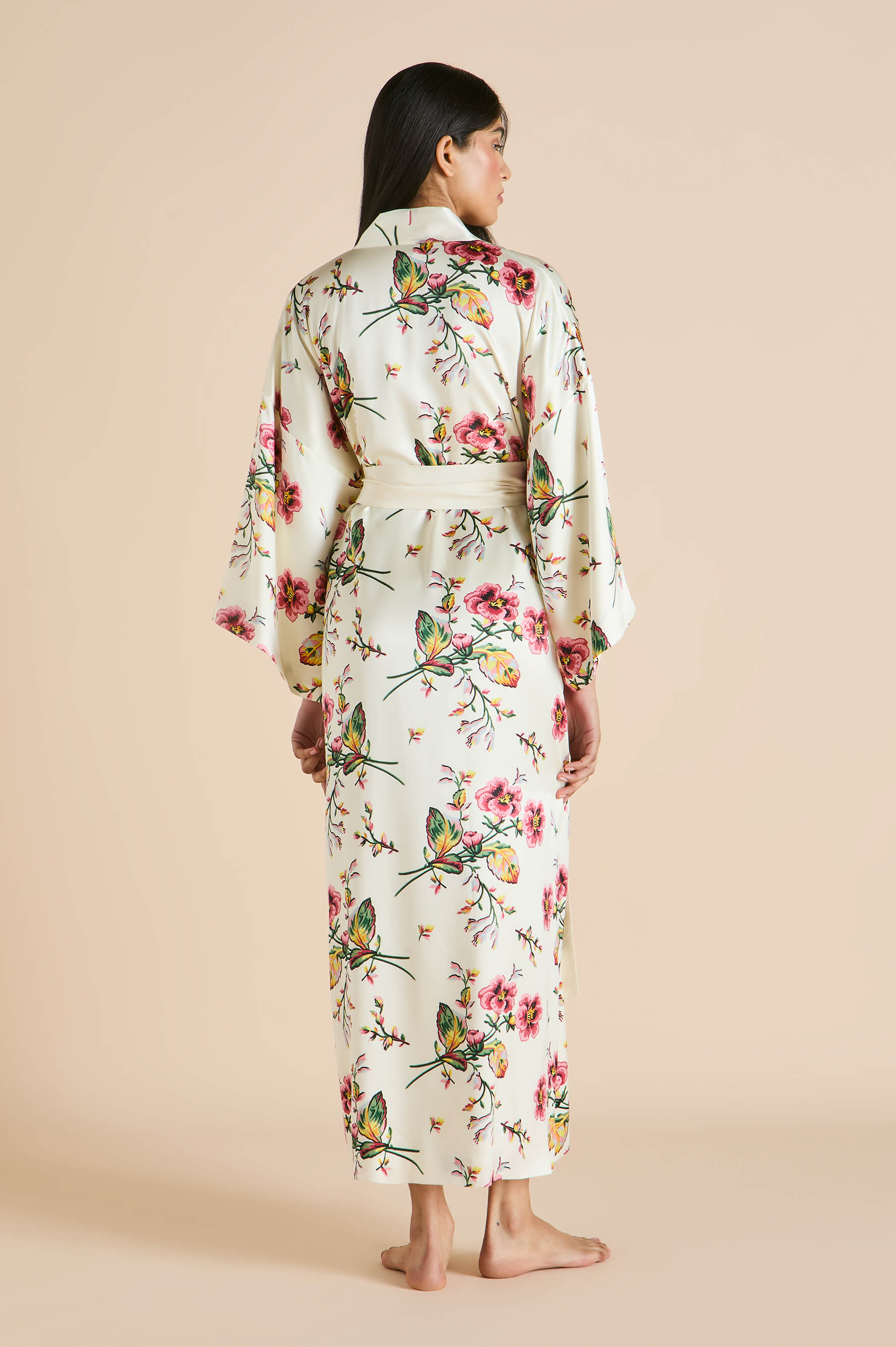 Queenie Maugham Ivory Floral Robe in Silk Satin