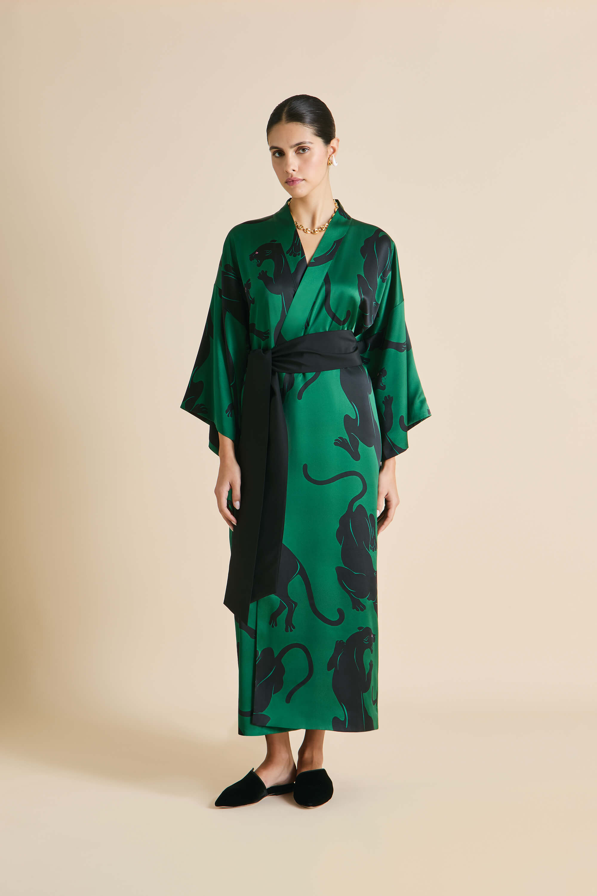 Queenie Poiret Green Panther Robe in Silk Satin