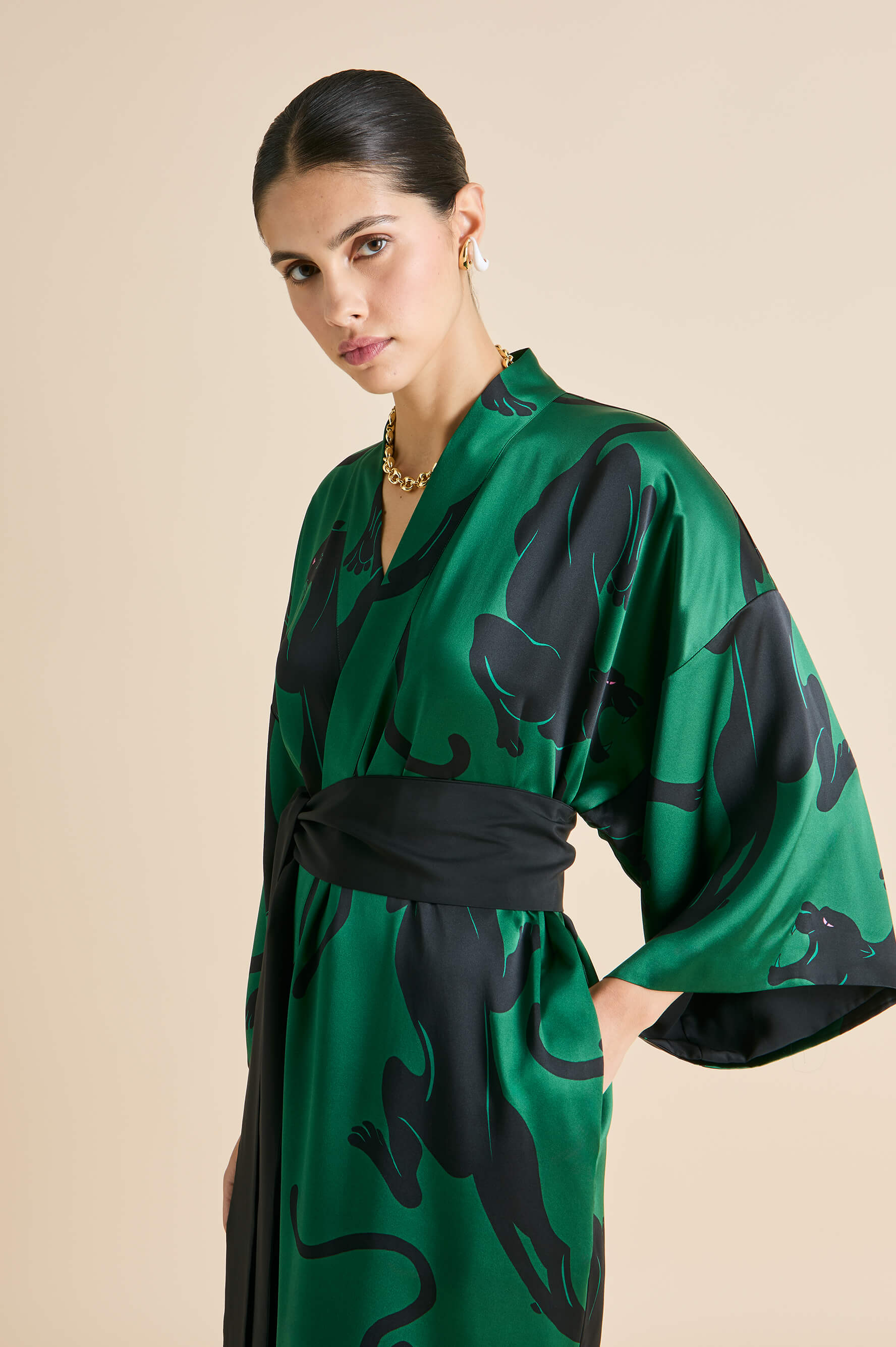 Queenie Poiret Green Panther Robe in Silk Satin