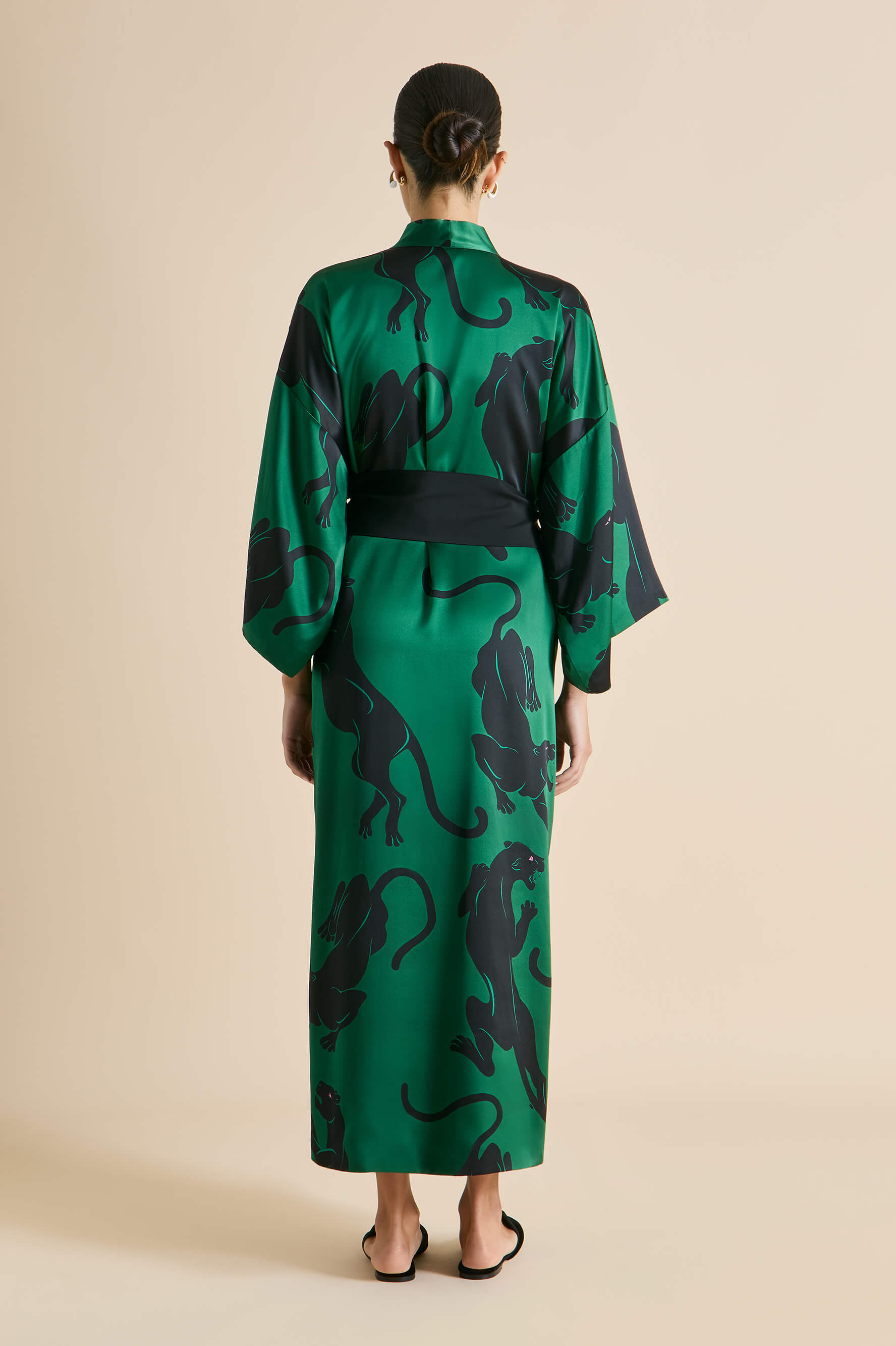 Queenie Poiret Green Panther Robe in Silk Satin