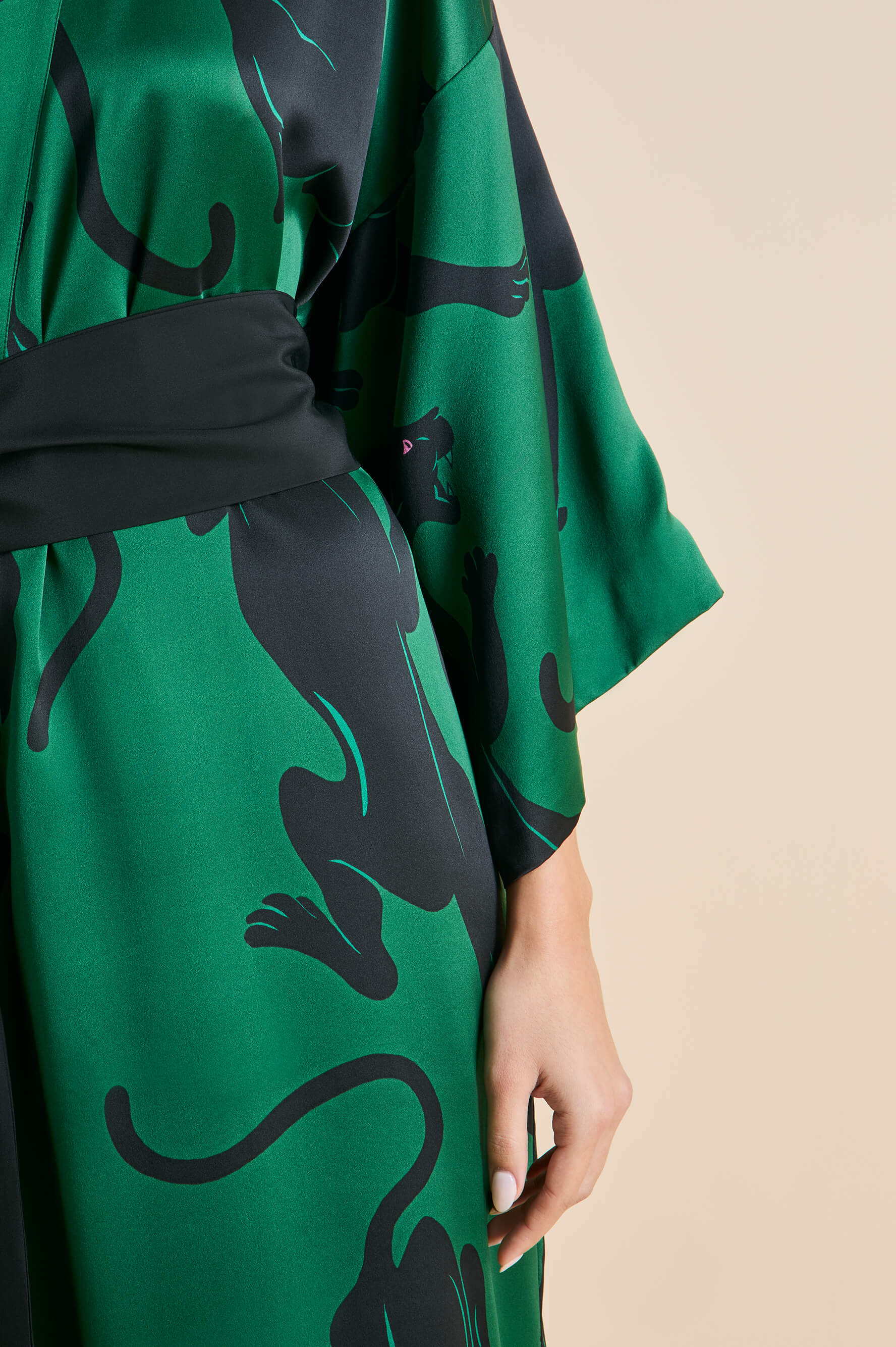 Queenie Poiret Green Panther Robe in Silk Satin