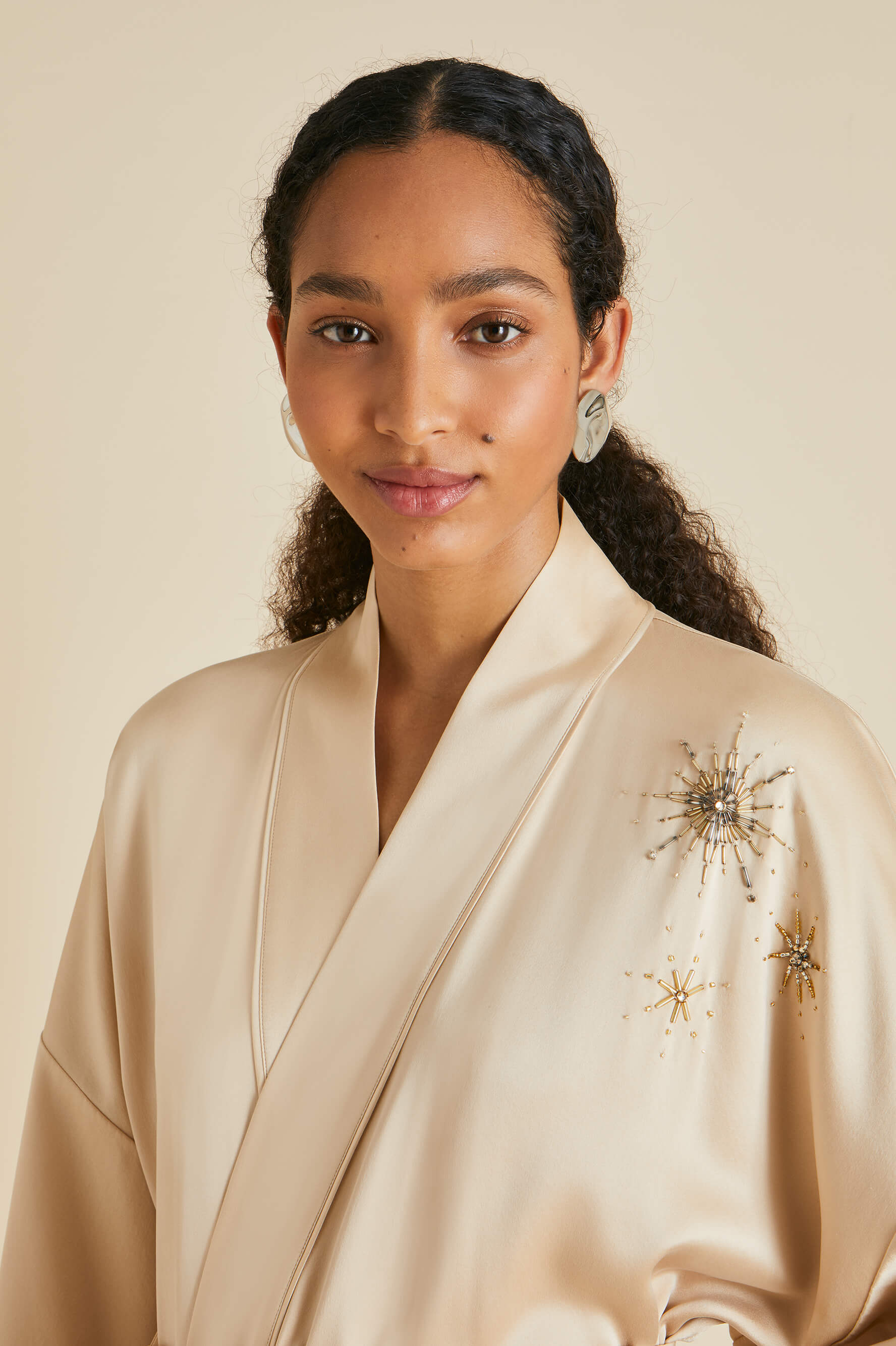 Sabine Celestine Caramel Embellished Robe in Sandwashed Silk